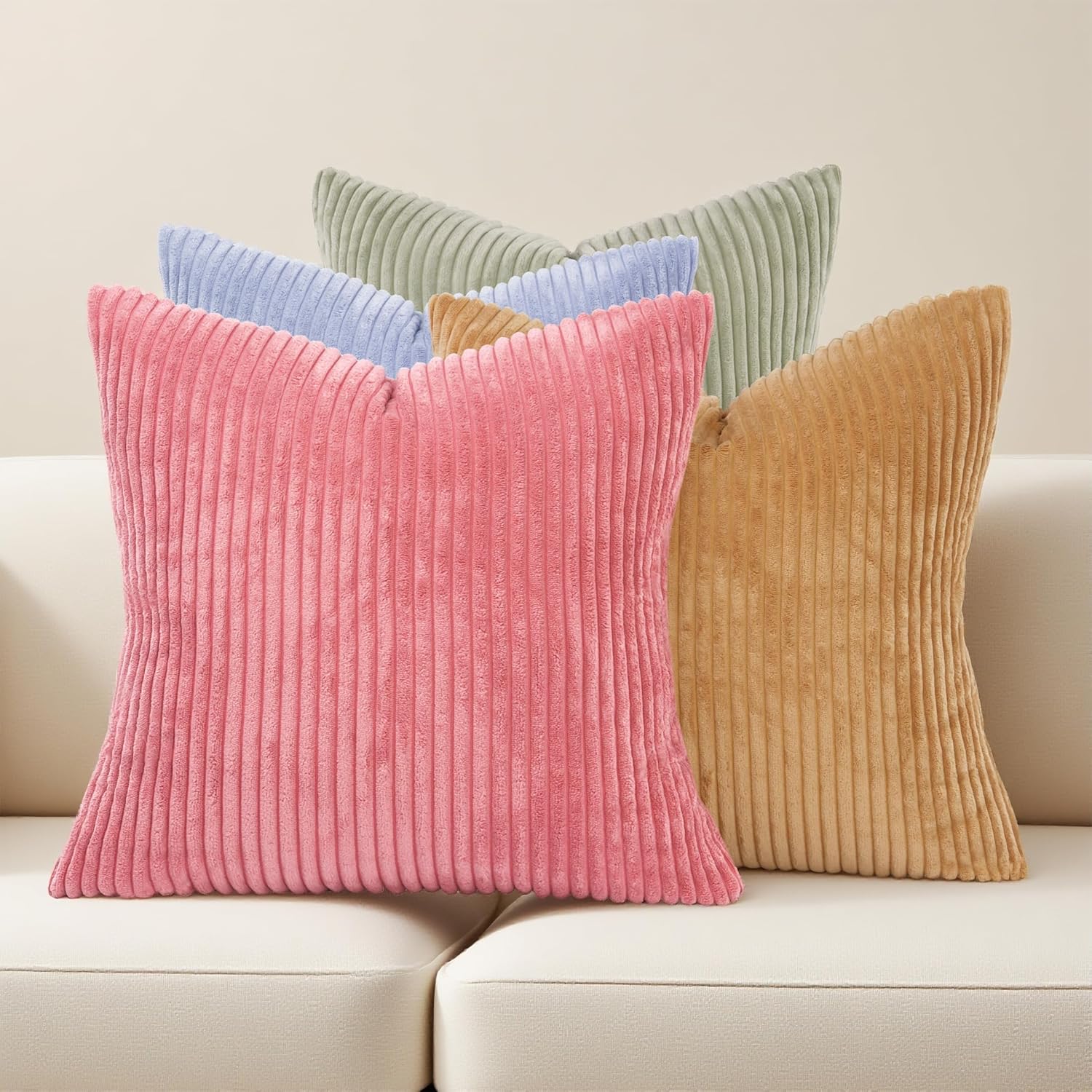 Boho Beige Throw Pillow Cover — 18" — Rose Red/Light Green