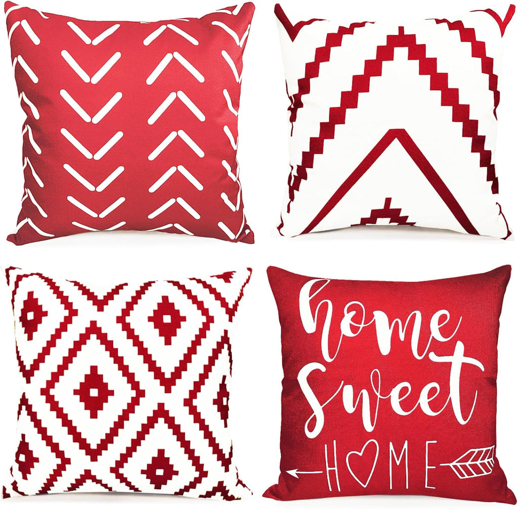 Linen Boho Beige Throw Pillow Cover — 18" — Wine Red-geometric
