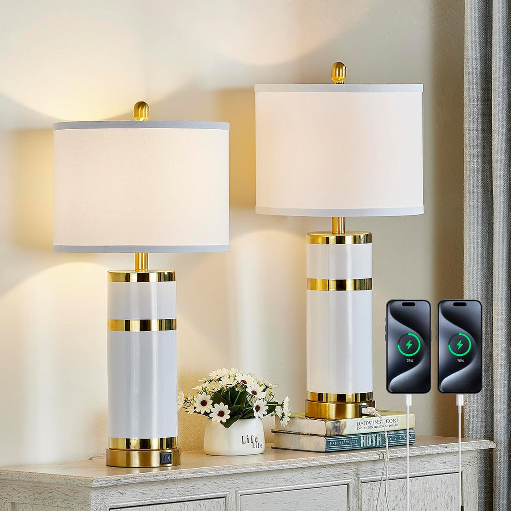 USB Luxe Blue Bedside Lamp — 28" — 28'' Ceramic Gold