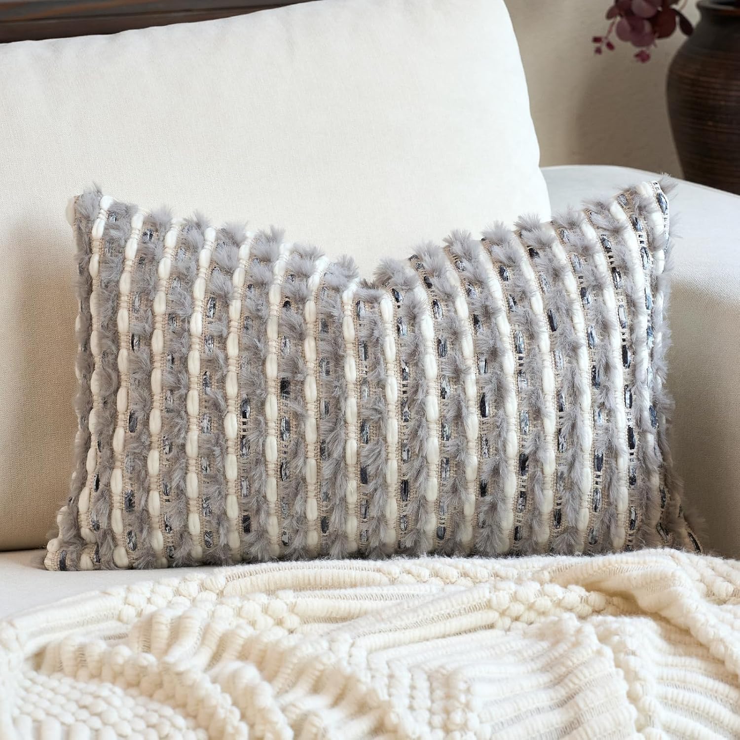 Tufted Boho Blue Throw Pillow Cover — 18" — Grey Blue