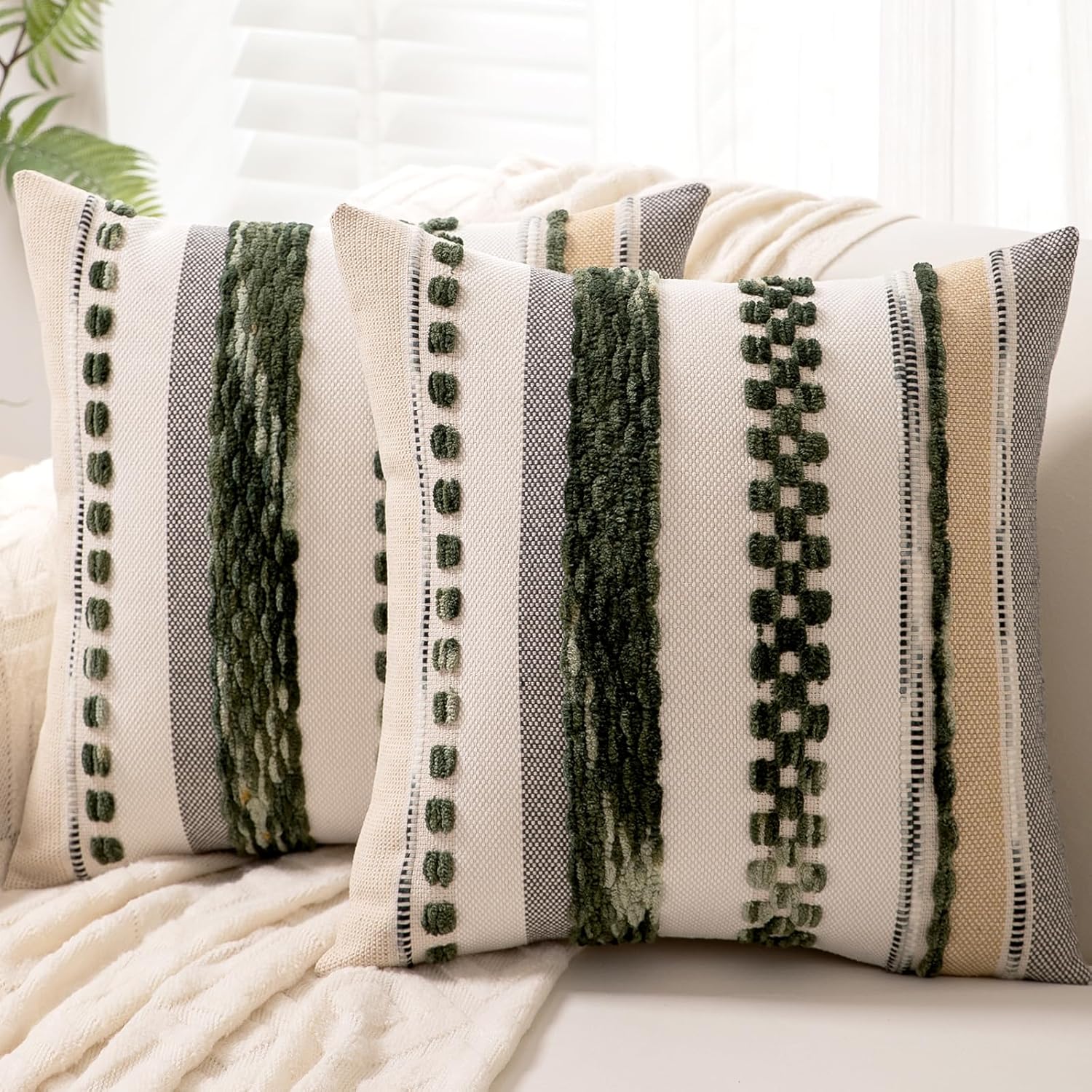 Chenille Boho Black Throw Pillow Cover — 18" — Dark Green Stripe