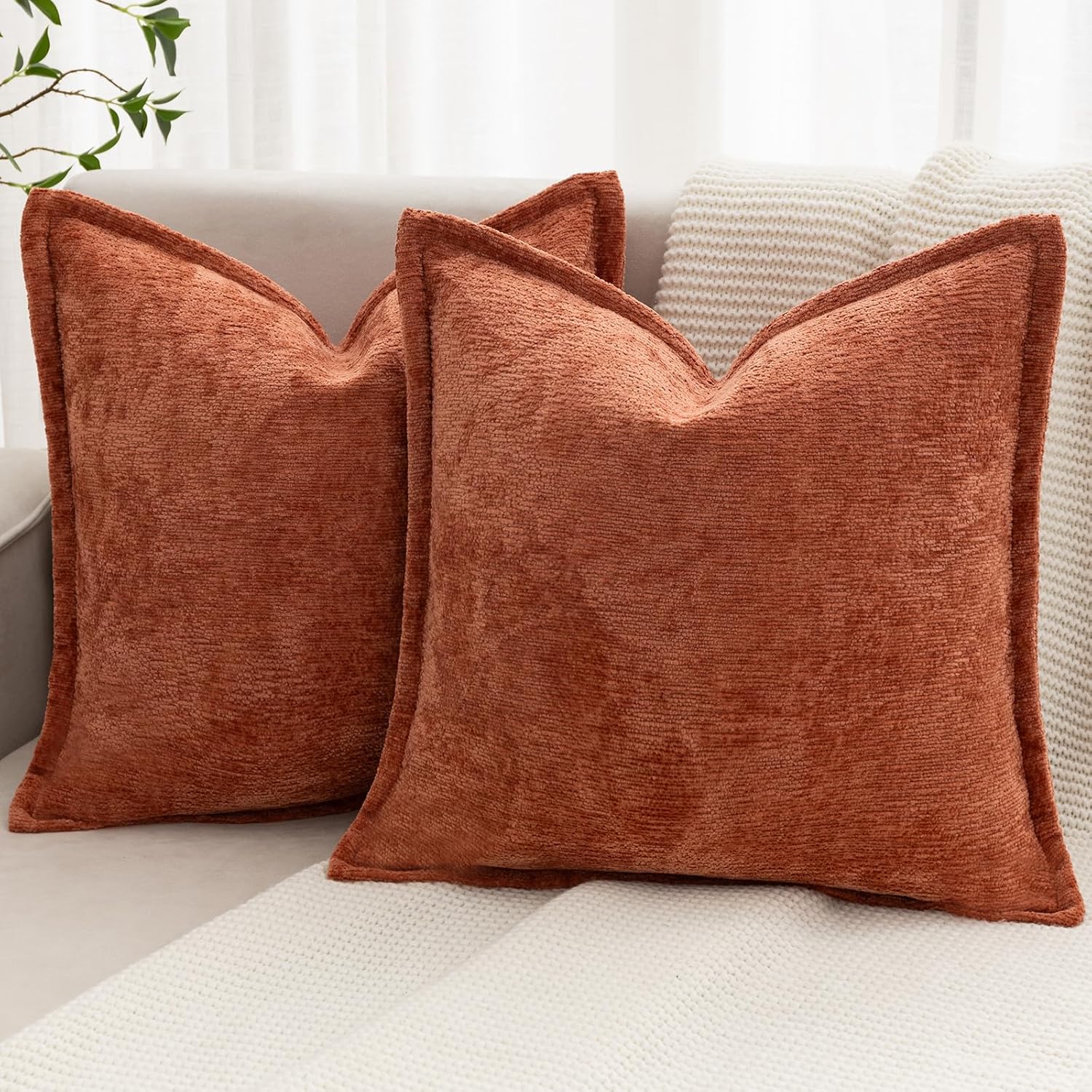 Chenille Boho Beige Throw Pillow Cover — 20" — Burnt Orange