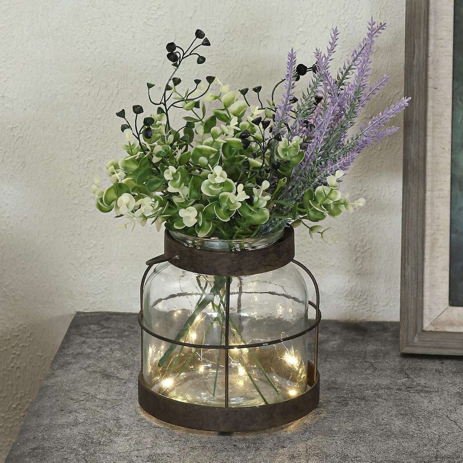 Vintage Farmhouse Green Artificial Plant — Vase+greenery+light+lavender