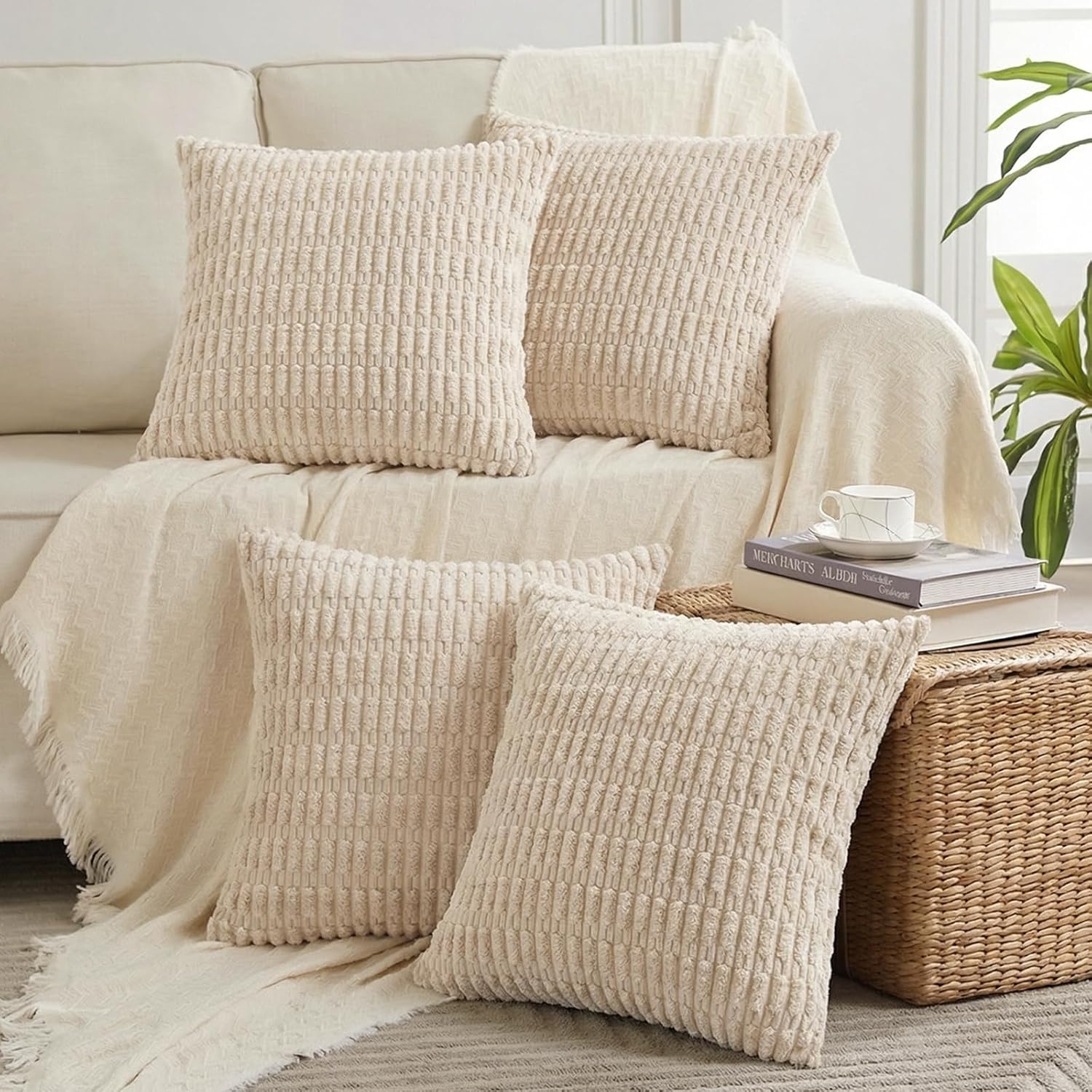 Boho Beige Throw Pillow Cover — 18" — 18" x 18" (Pack of 4)