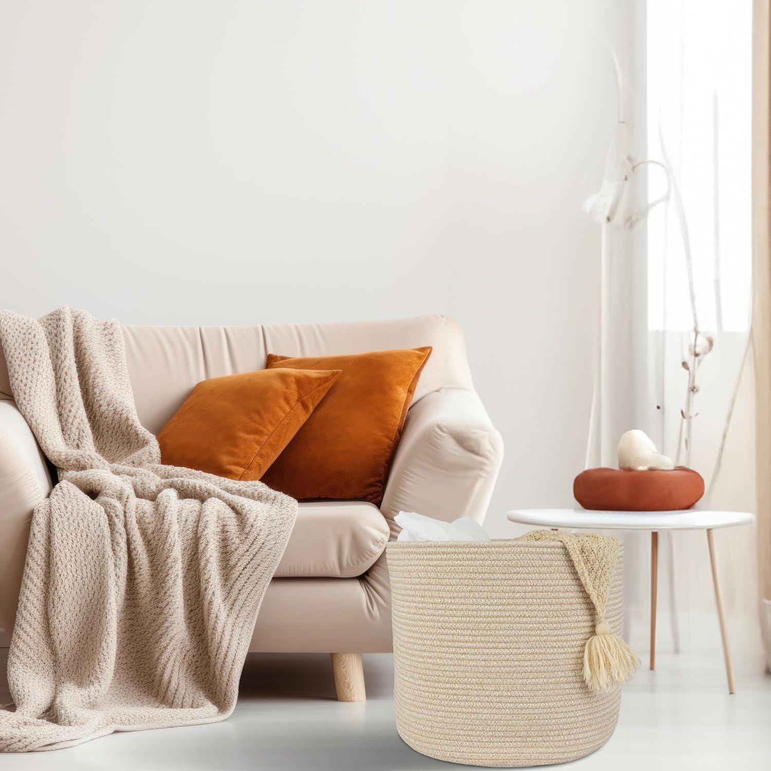 Round Boho Beige Throw Pillow - View 5