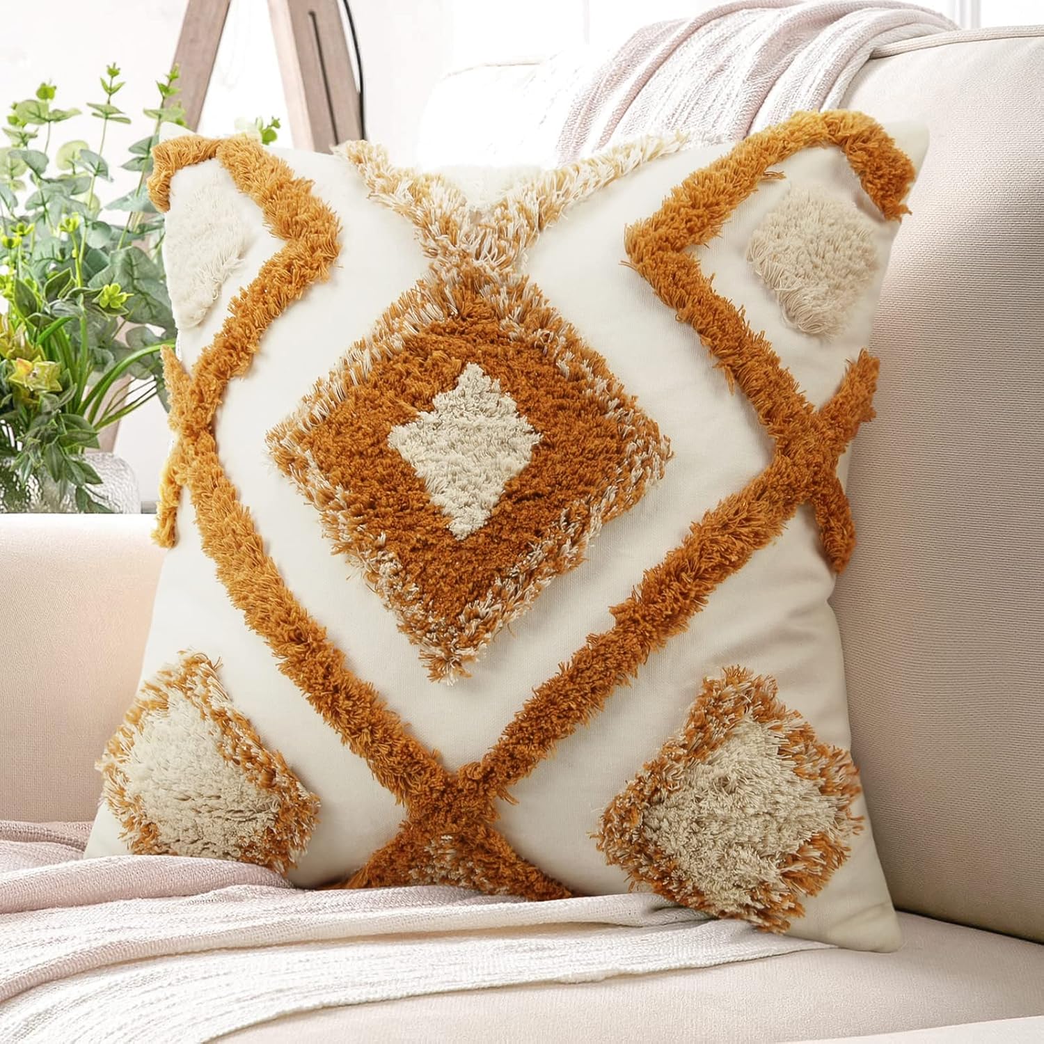 Tufted Boho Blue Pillow Cover — 18" — Orange