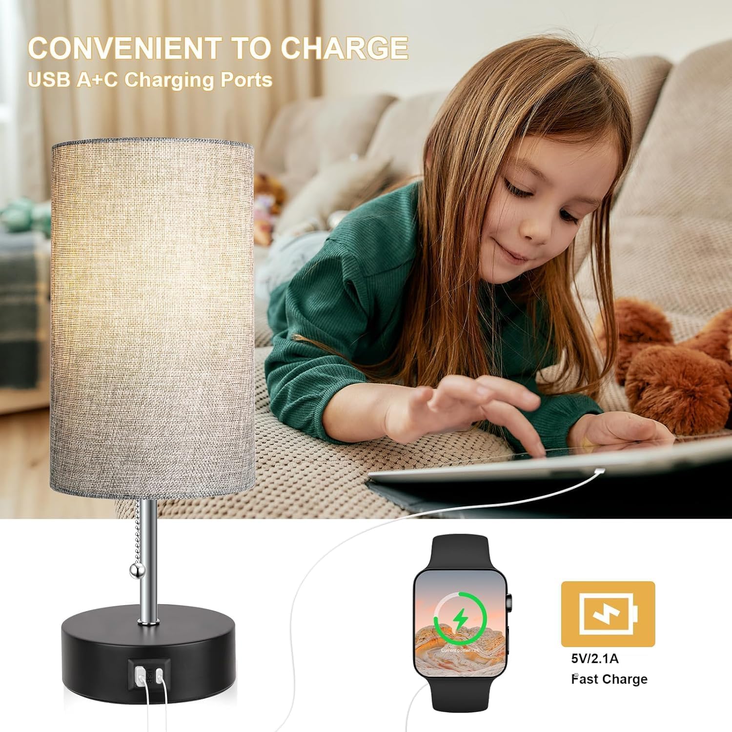 USB Beige Bedside Lamp - View 5