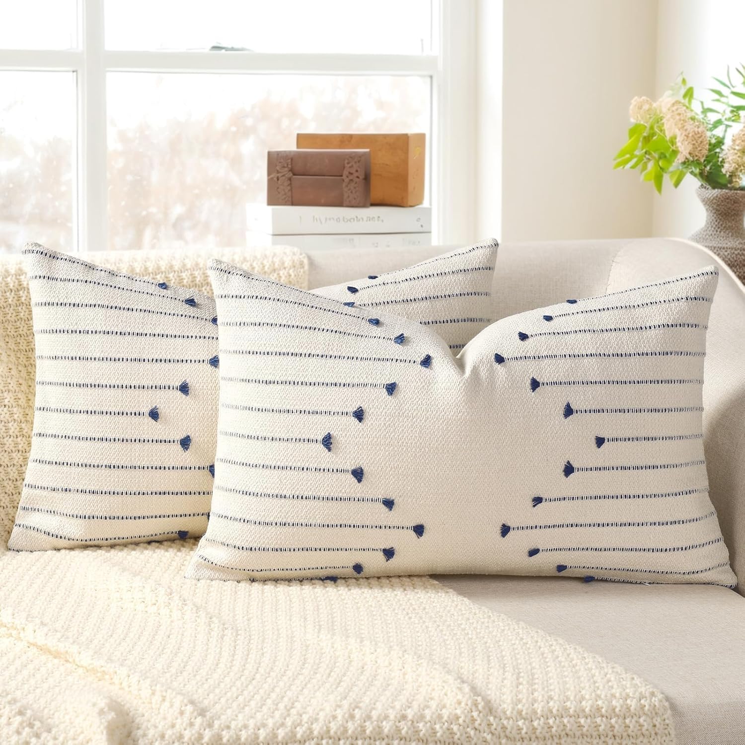 Tufted Boho Beige Throw Pillow Cover — 18" — Navy Blue