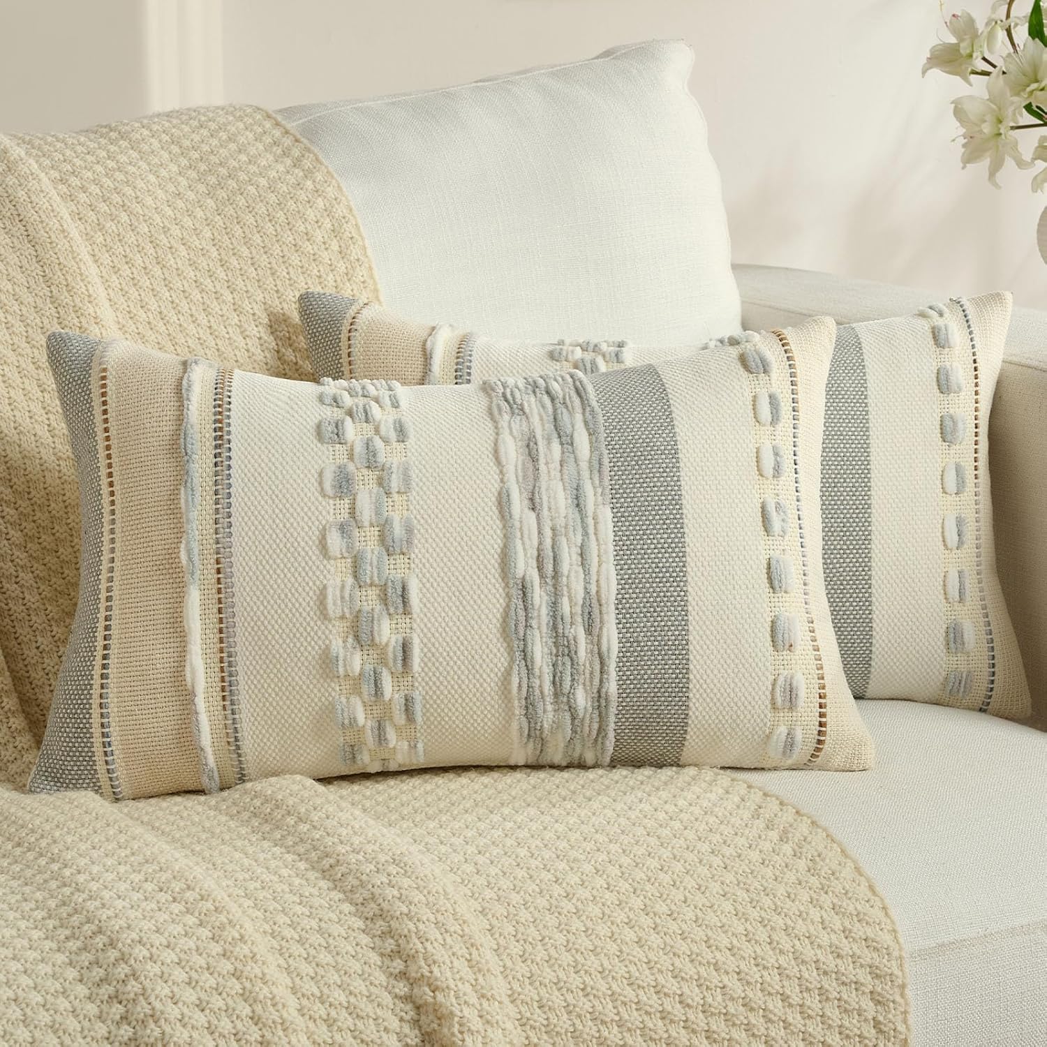 Tufted Boho Beige Throw Pillow Cover — 18" — Grey Blue White