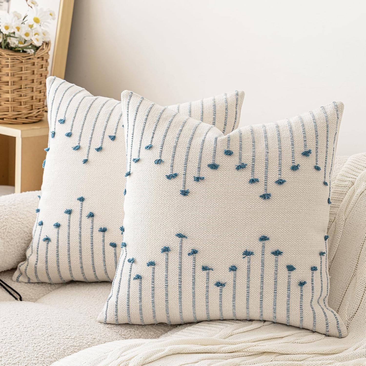 Boho Beige Throw Pillow Cover — 18" — Beige and Blue