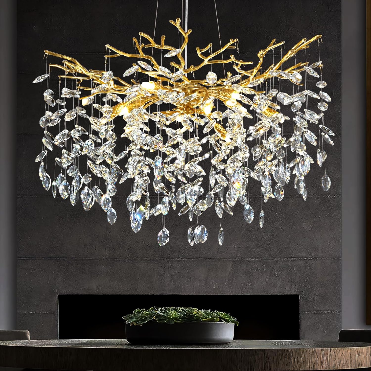 Rectangular Luxe Black Chandelier — 16-Light — Gold