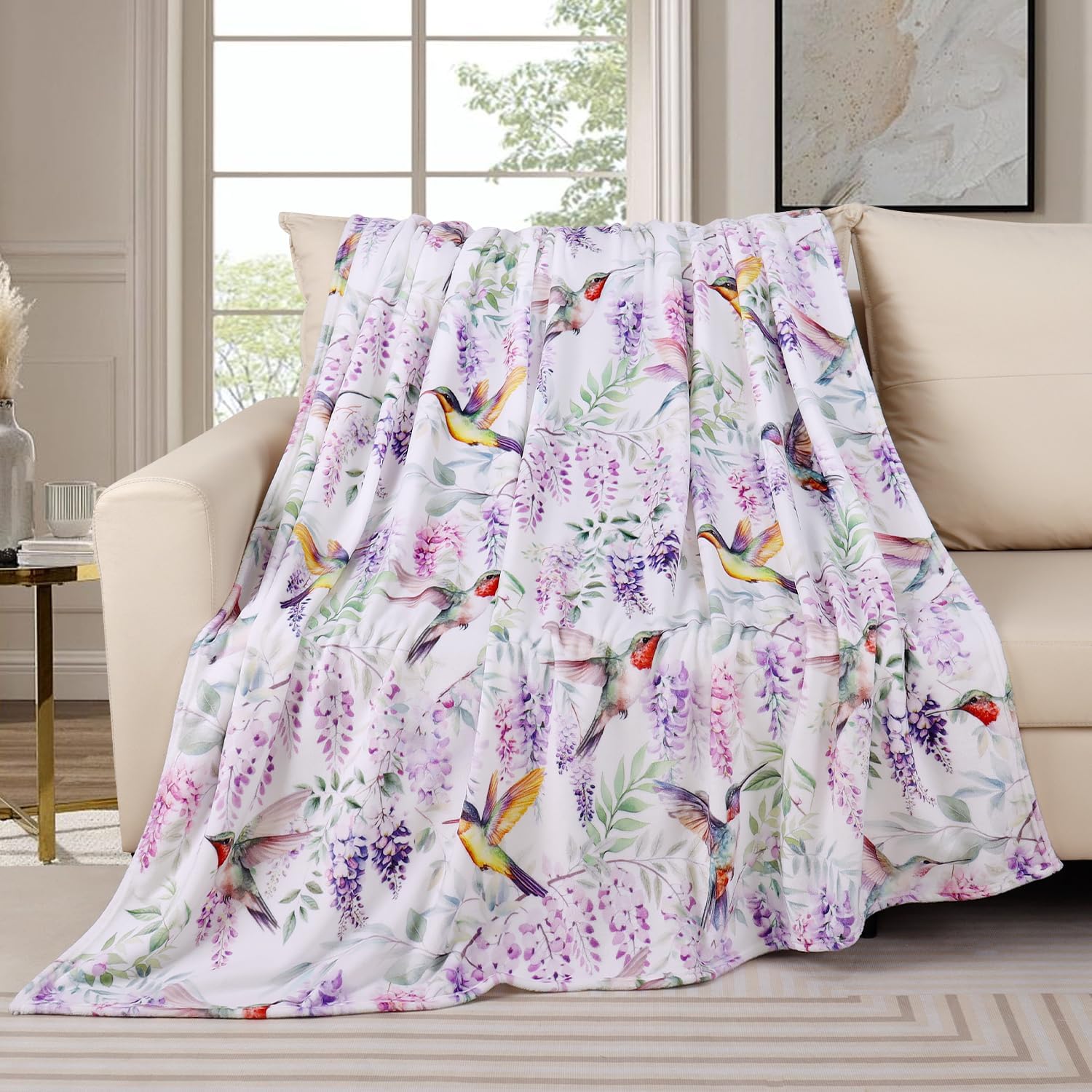 Black Throw Pillow — 50" — Hummingbird Floral