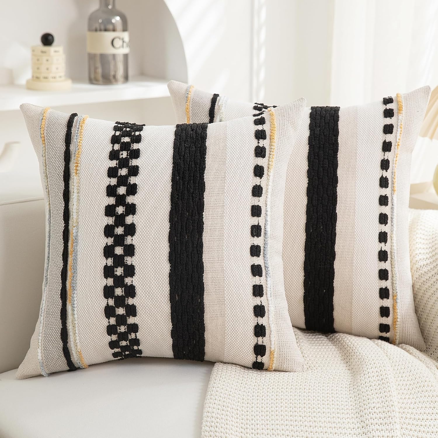 Chenille Boho Black Throw Pillow Cover — 18x18 — Black Stripe 2