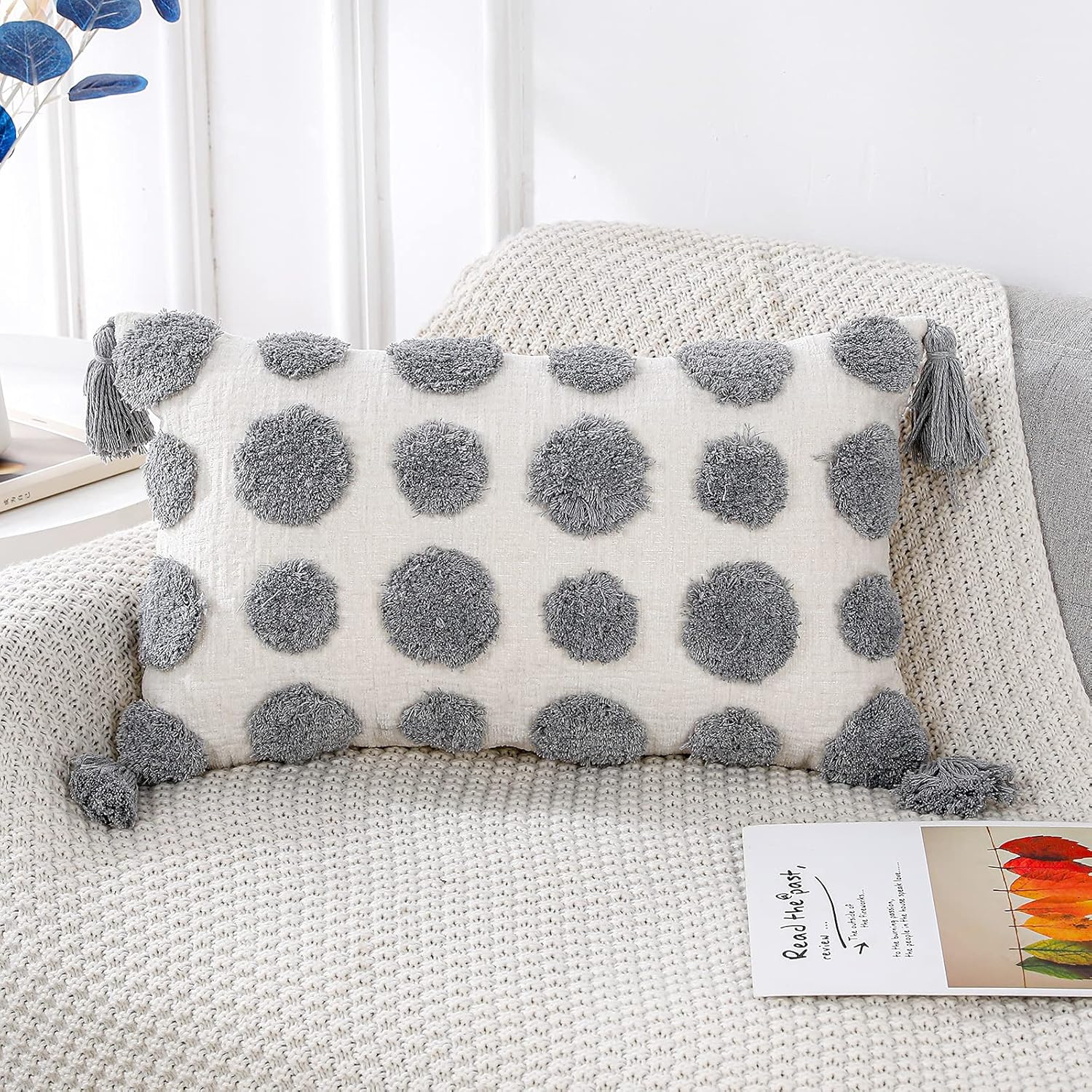Tufted Boho Black Throw Pillow Cover — 20" — Light Grey