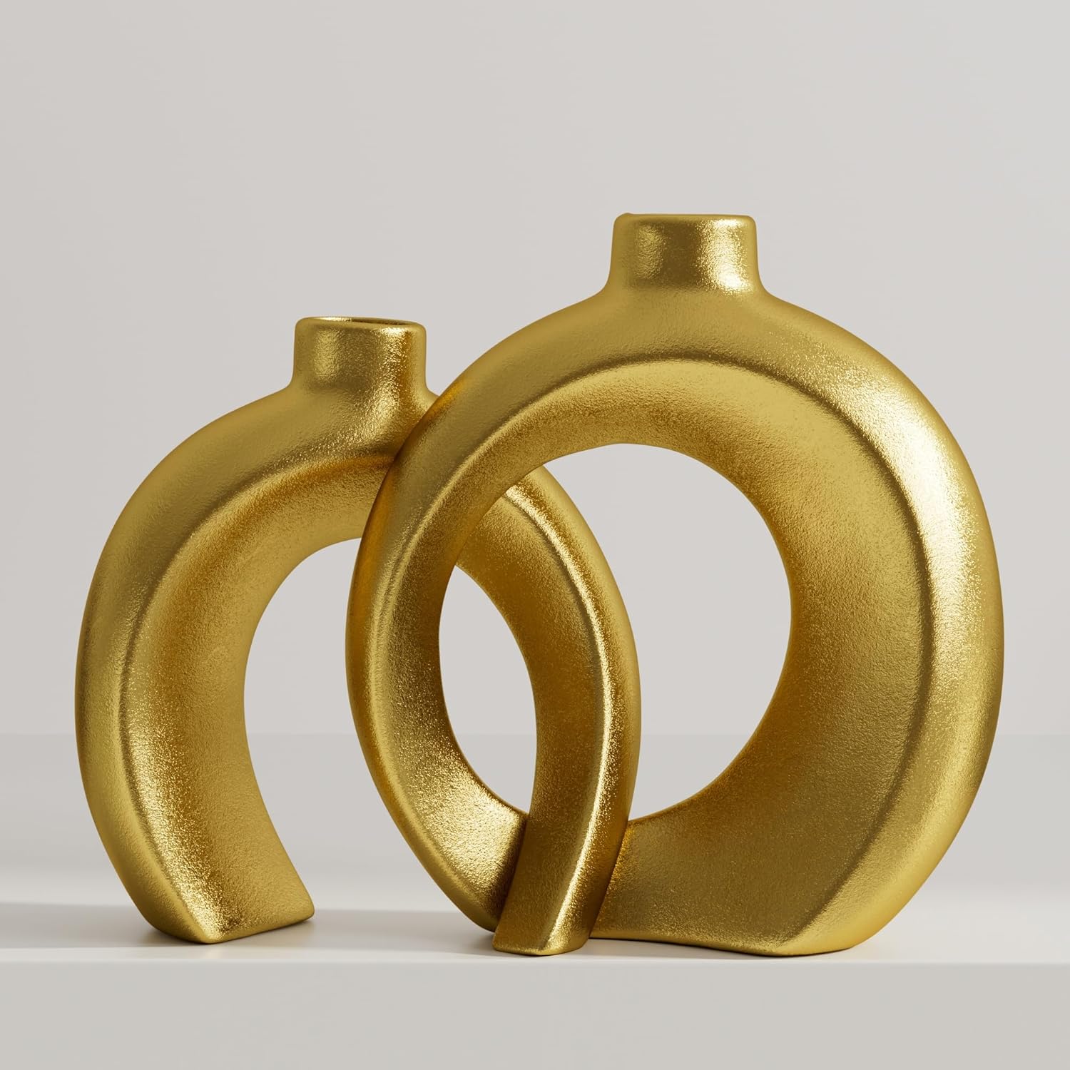 Farmhouse Beige Decorative Vase — Set of 2 — Matte Gold