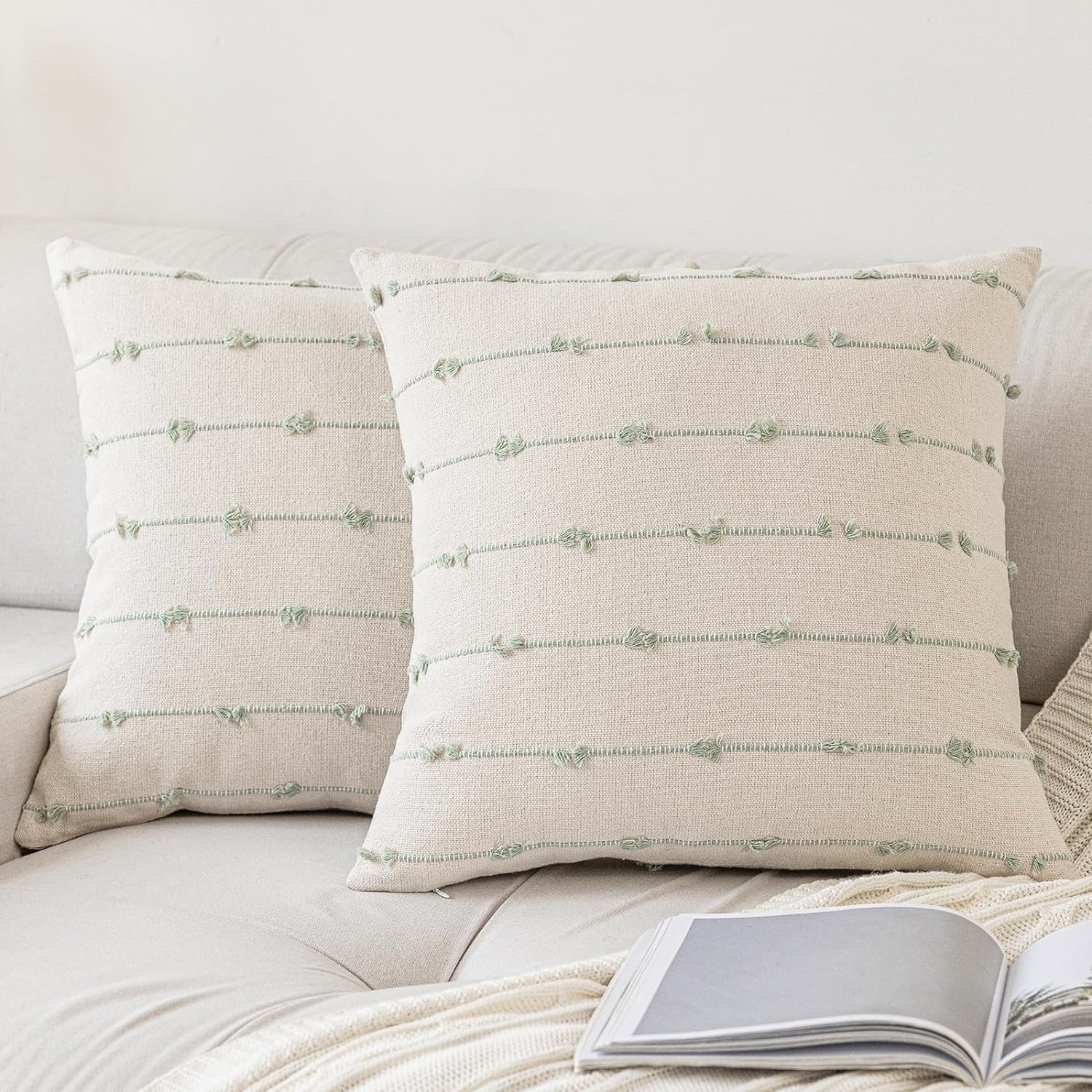 Tufted Boho Beige Throw Pillow Cover — 18" — Beige and Green