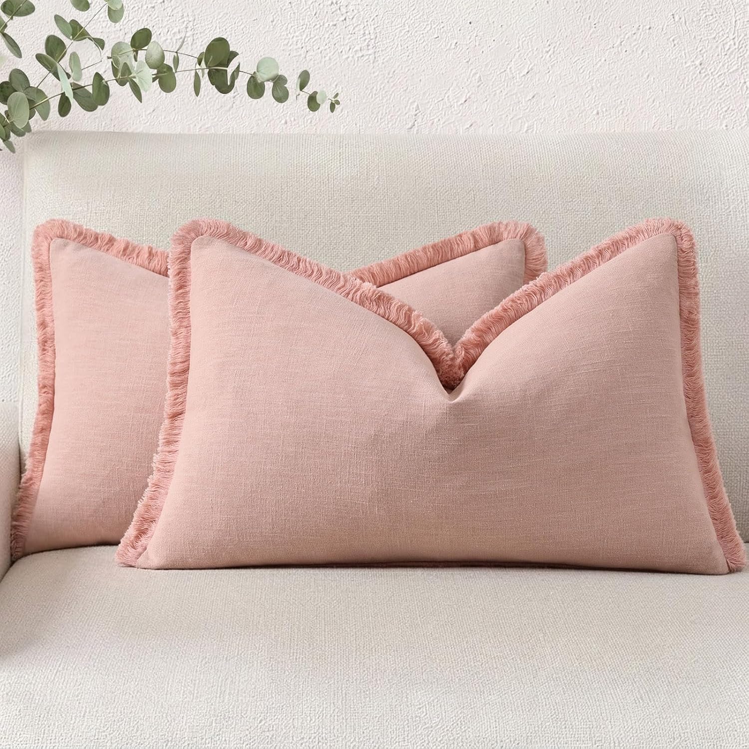 Linen Boho Beige Throw Pillow Cover — 18" — Pink