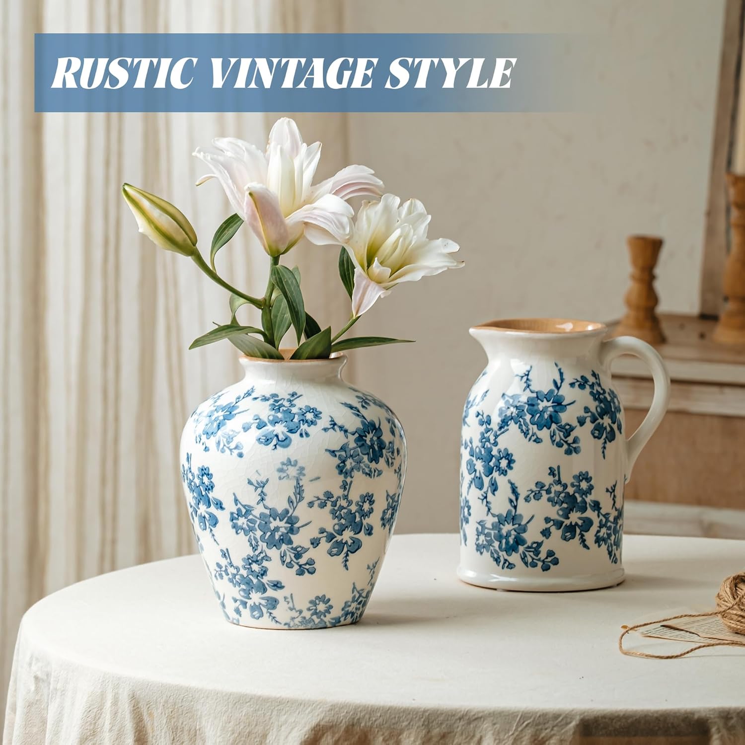Round Farmhouse Blue Flower Vase — 8" - View 5