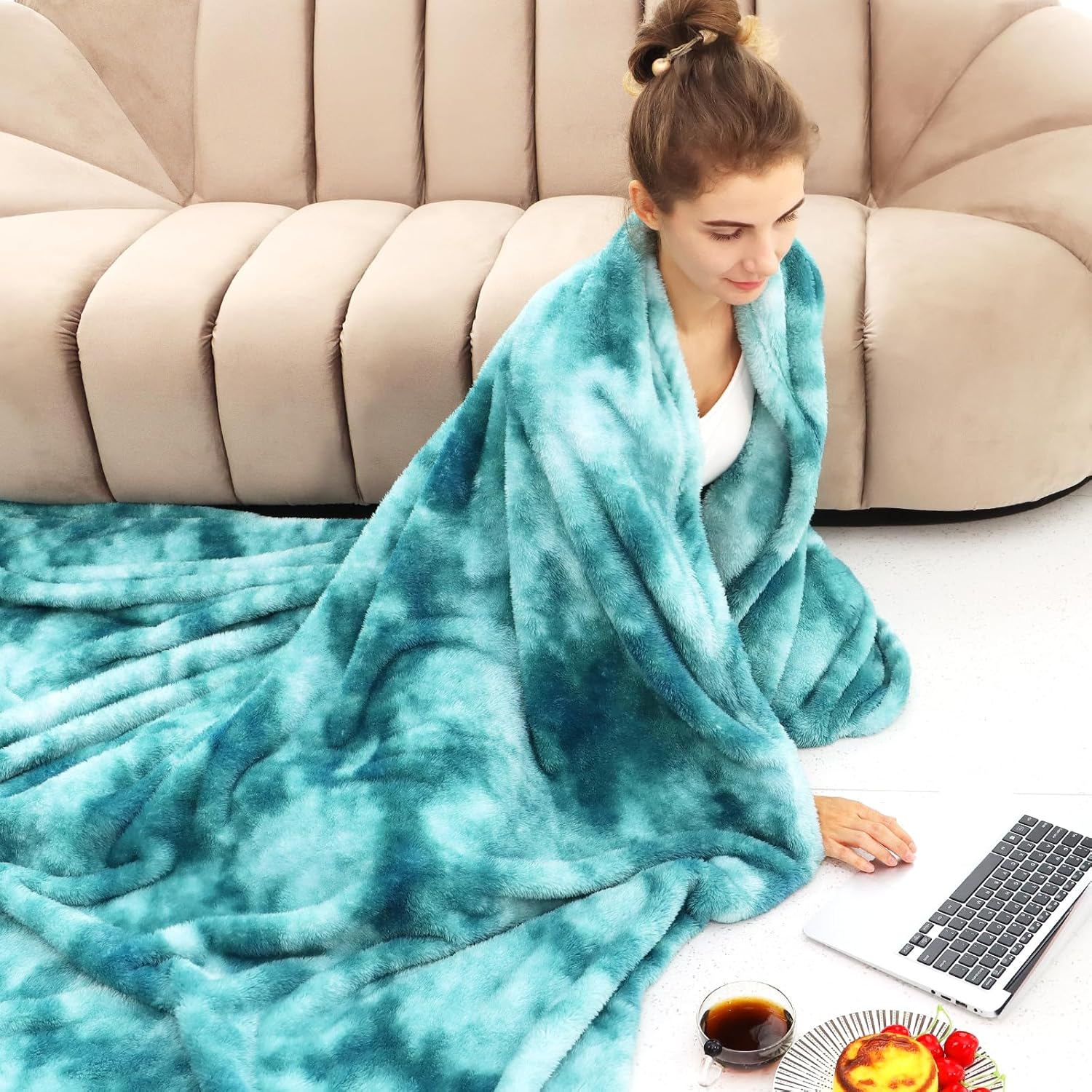 Luxe Blue Throw Pillow — 50" — Lightblue Tie Dye Blanket