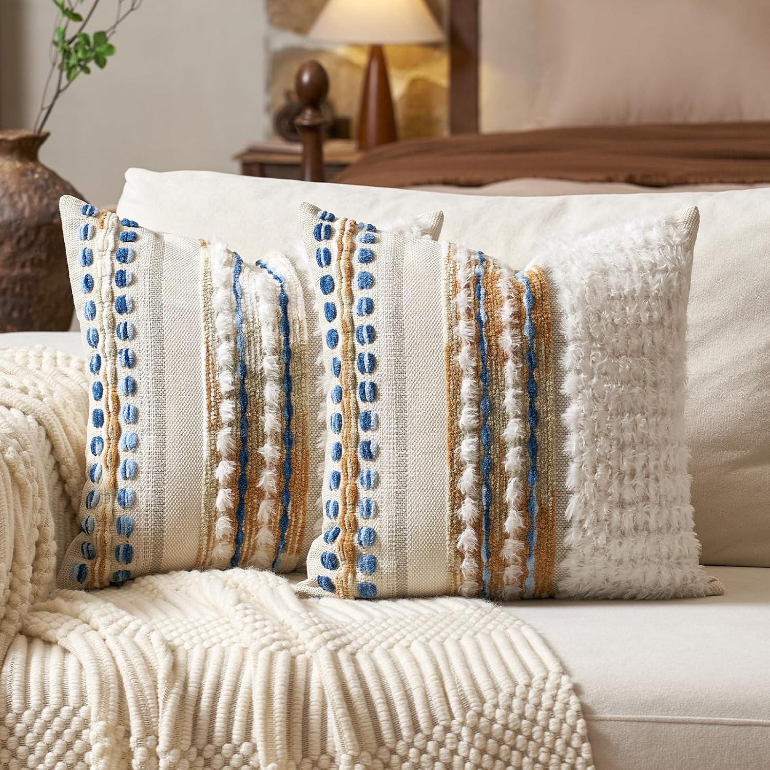 Tufted Boho Blue Throw Pillow Cover — 18" — Caramel Brown
