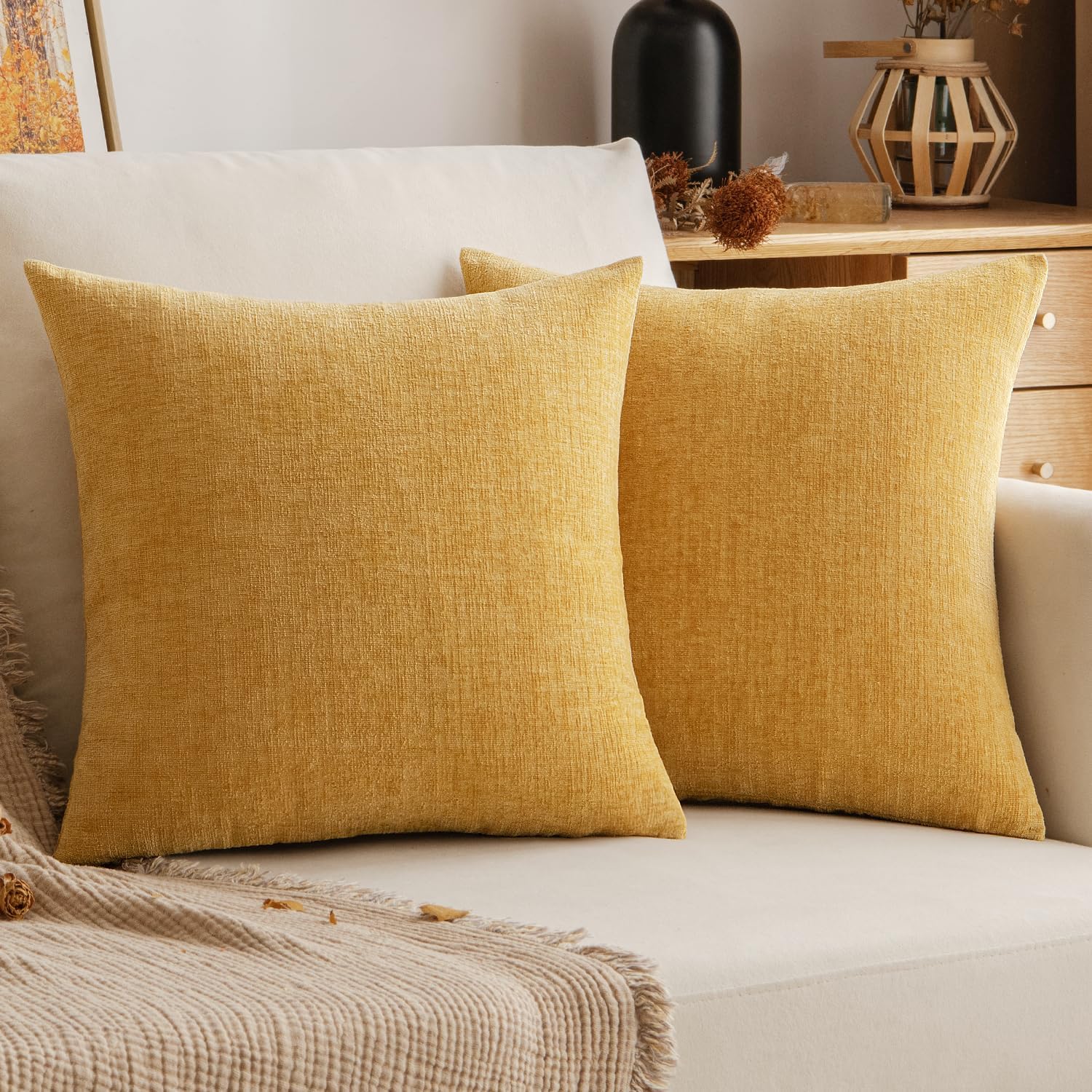 Chenille Boho Beige Throw Pillow Cover — 18" — Gold