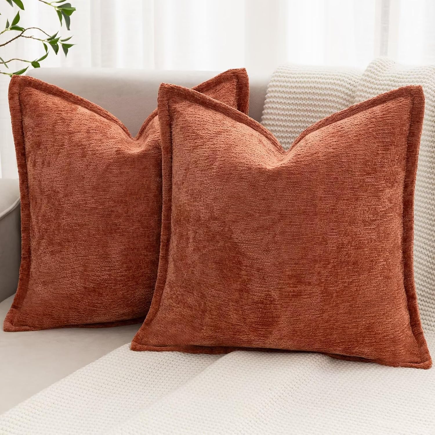Chenille Boho Beige Throw Pillow Cover — 20" — Burnt Orange