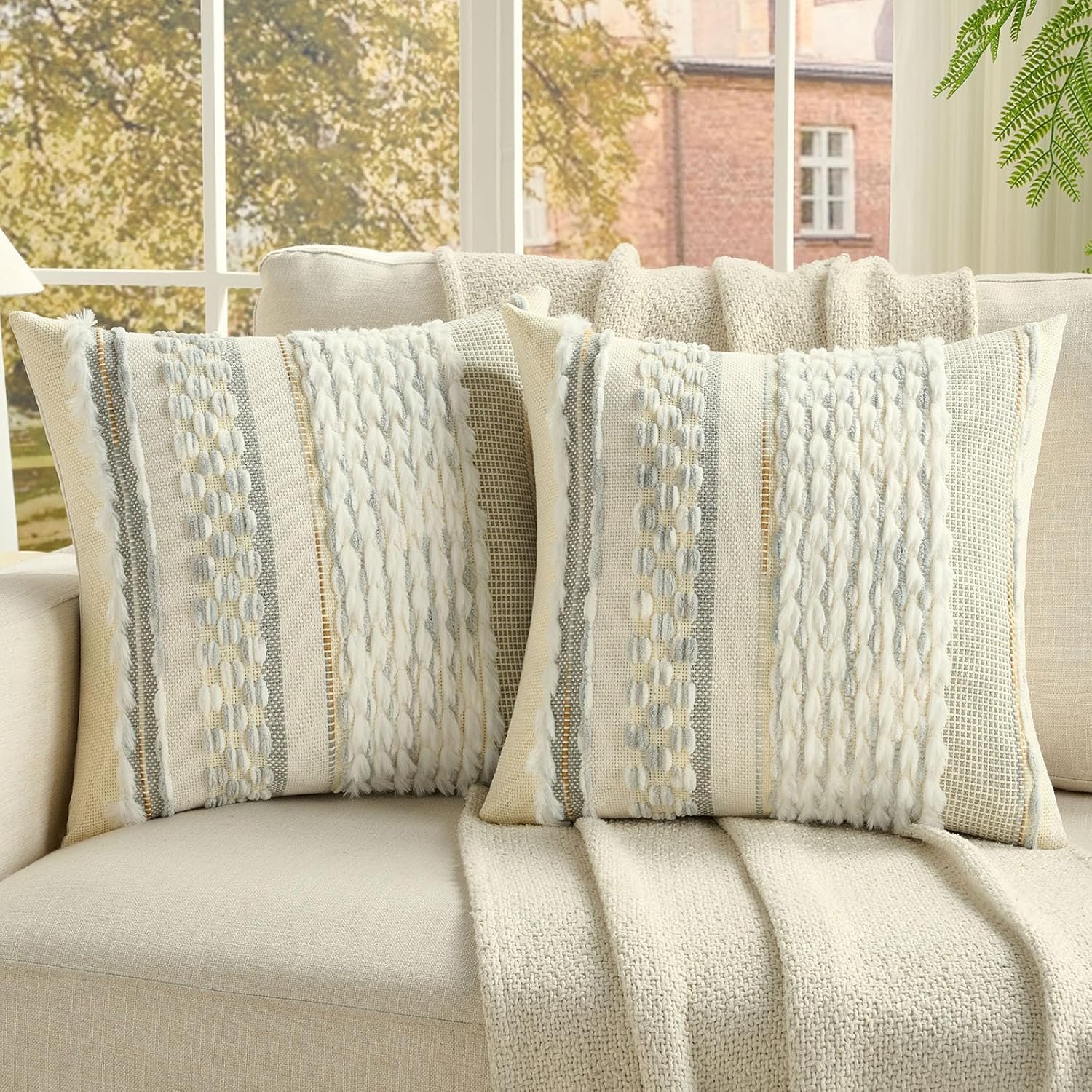 Tufted Boho Beige Throw Pillow Cover — 18" — Grey Blue+white