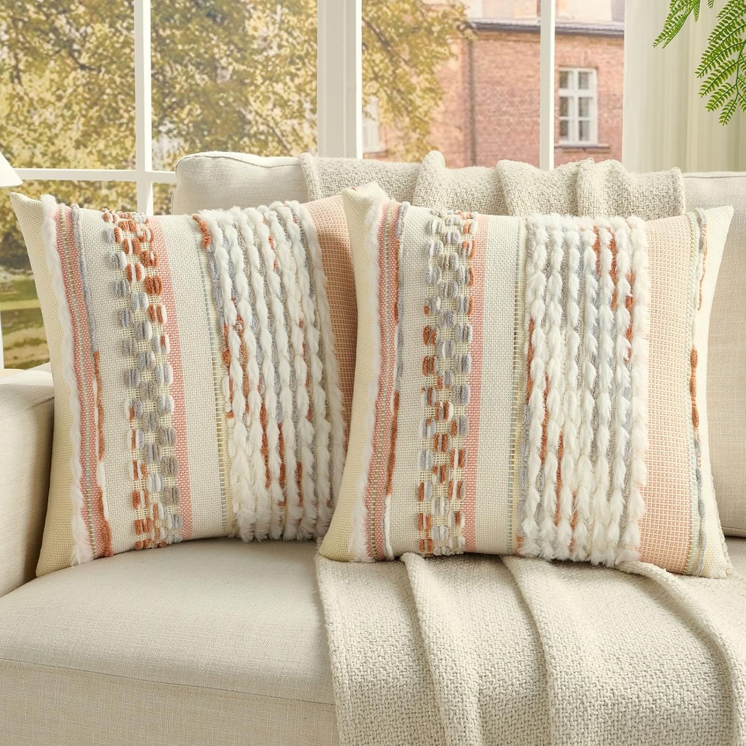 Tufted Boho Beige Throw Pillow Cover — 18" — Grey Blue+coral