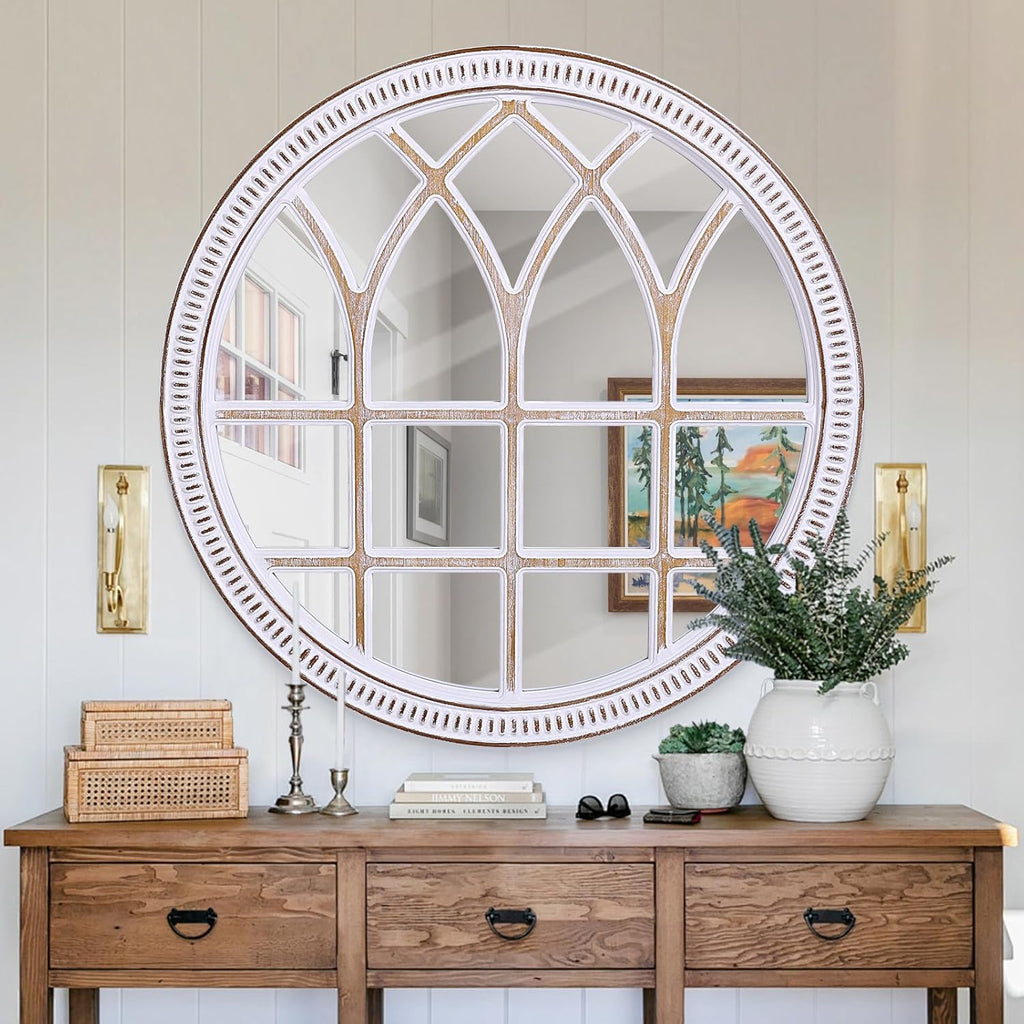 Round Farmhouse Wood Mirror — 36" — D - 36 in