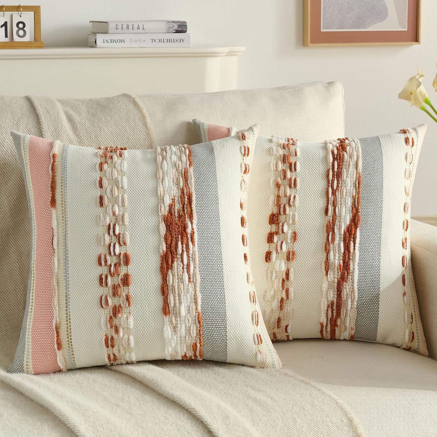 Tufted Boho Beige Throw Pillow Cover — 18" — Rust Beige