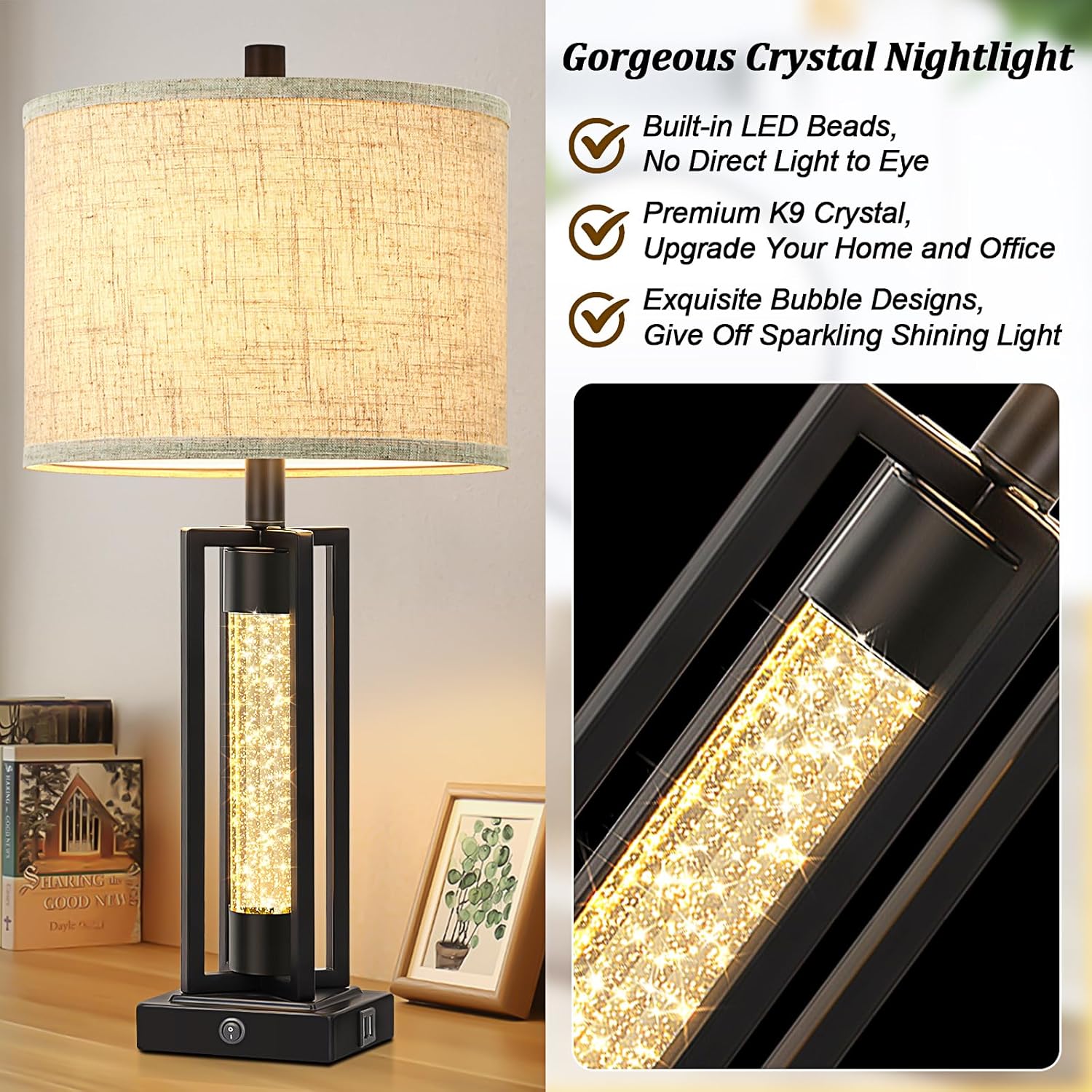 USB Farmhouse Black Bedside Lamp — Set of 2 - View 5