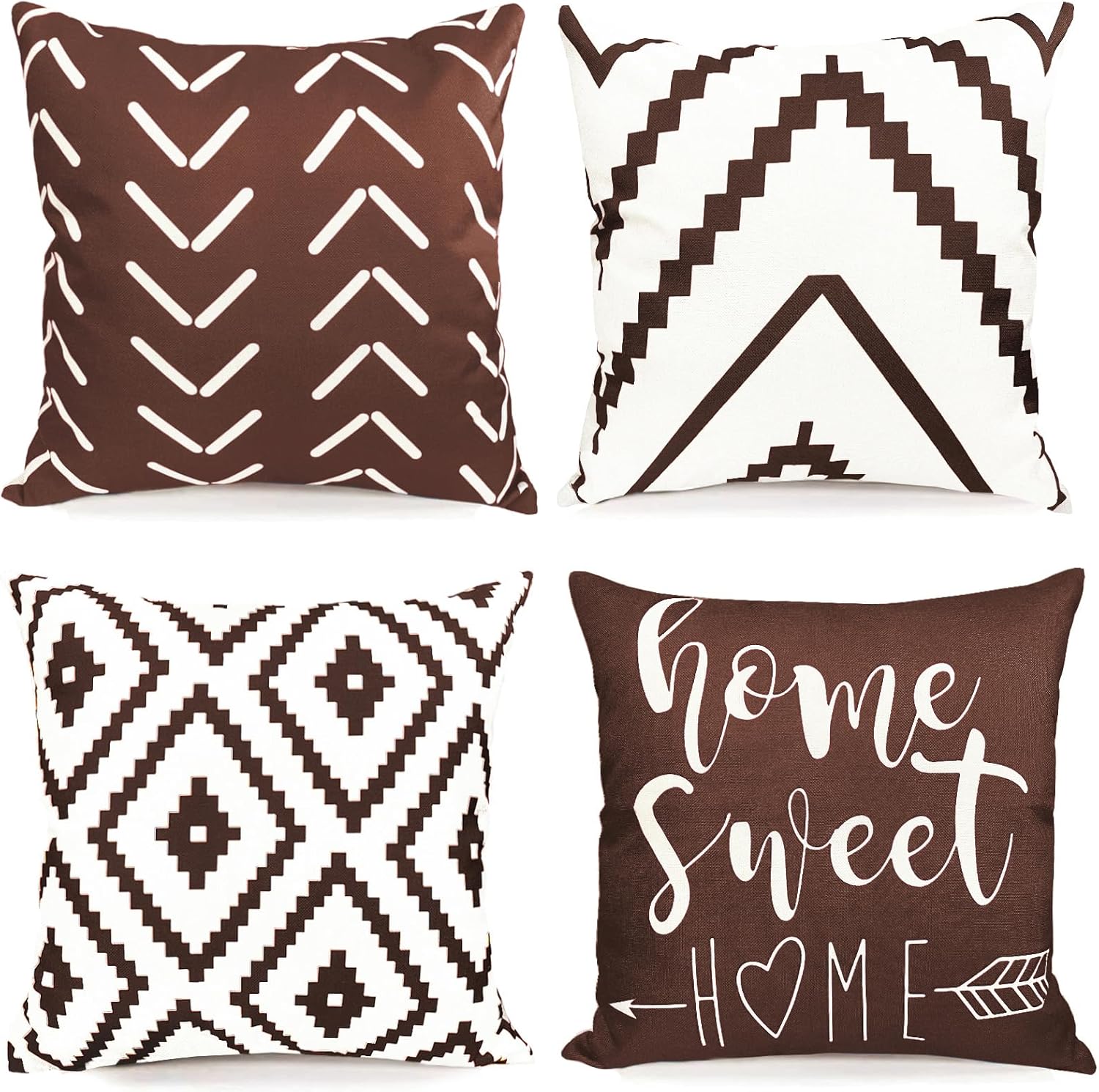 Linen Boho Beige Throw Pillow Cover — 18" — Brown-geometric