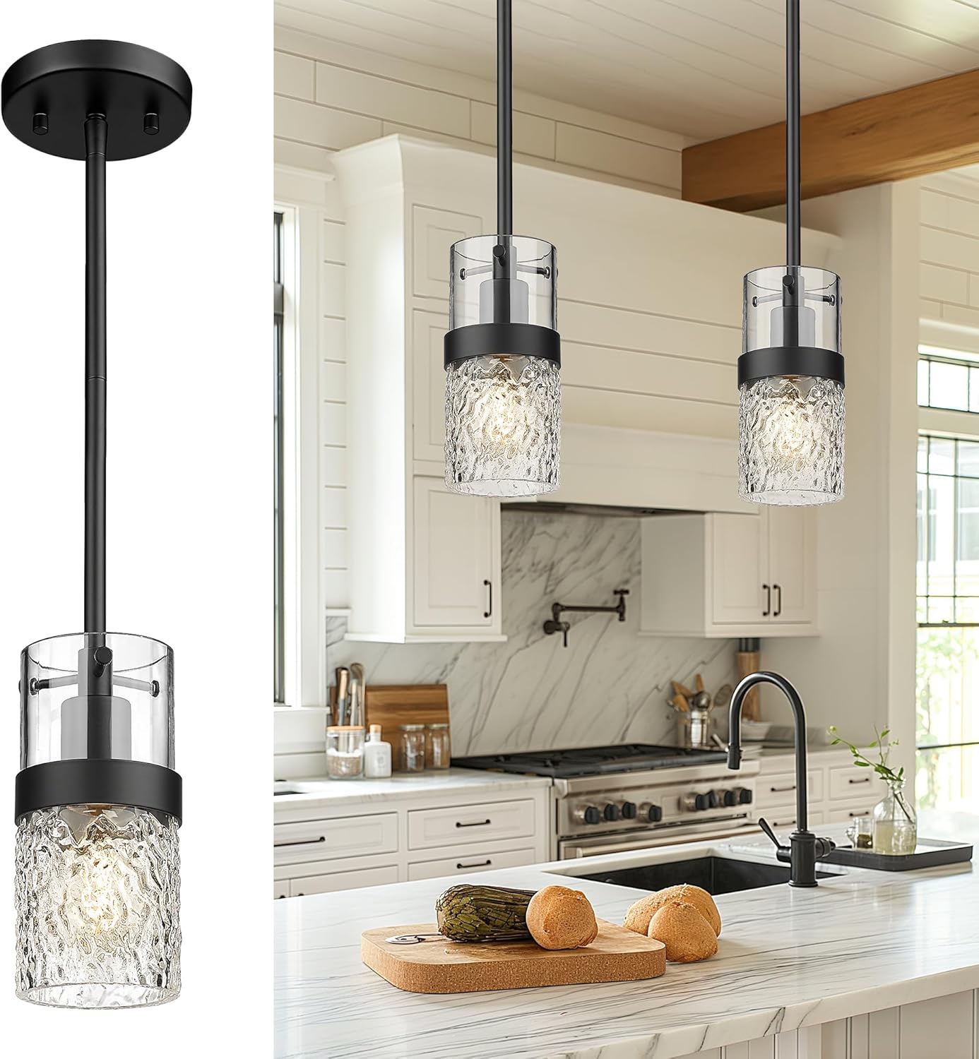 Adjustable Modern Black Pendant Light — 3.5" — Black -Hammered Glass