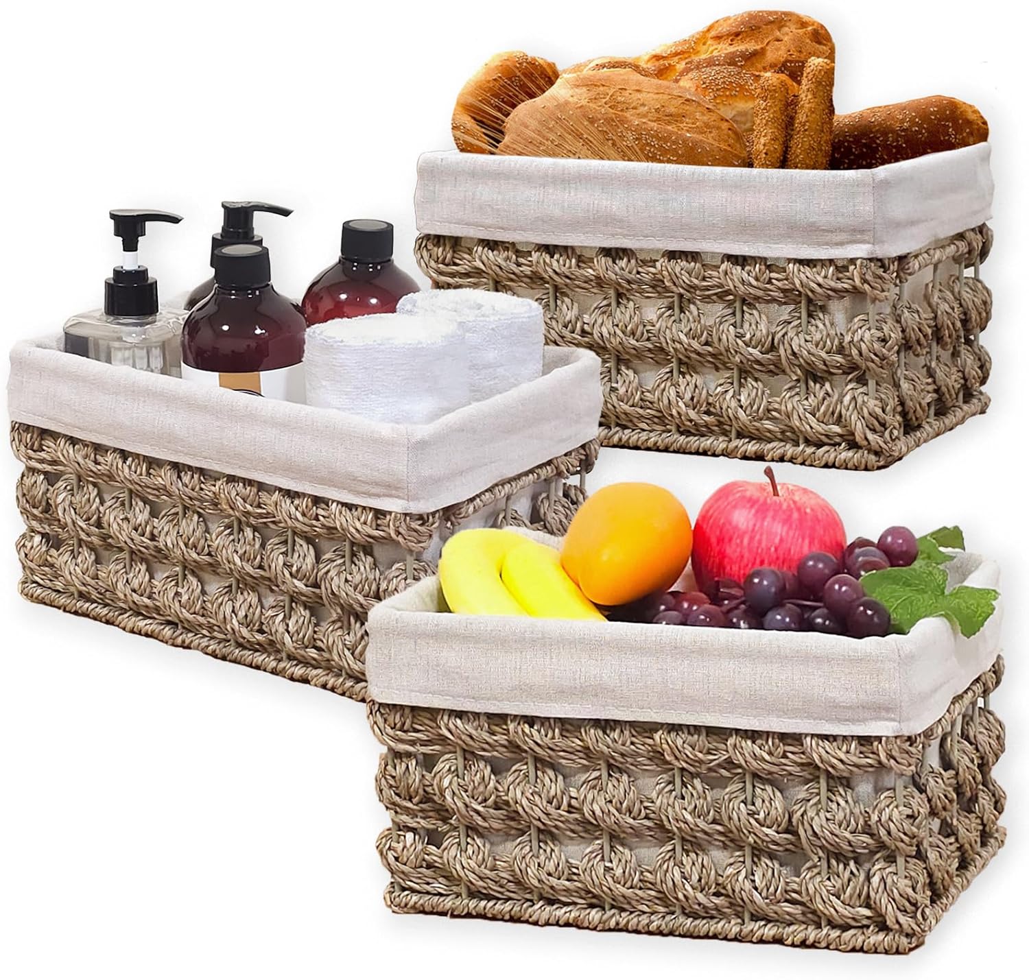 Rectangular Boho Beige Storage Basket — Set of 3 — Natural Seagrass(Lined)