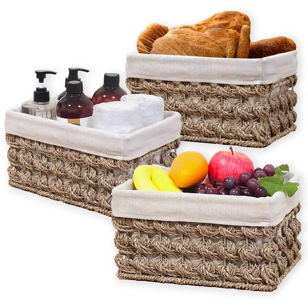 Rectangular Boho Beige Storage Basket — Set of 3