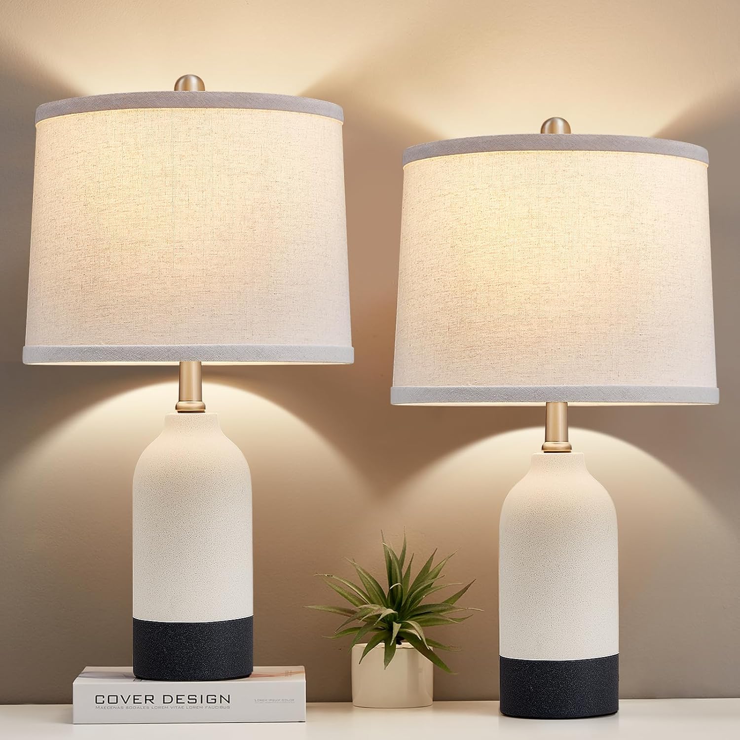 Adjustable Farmhouse Beige Bedside Lamp — 24.8" — Black+White