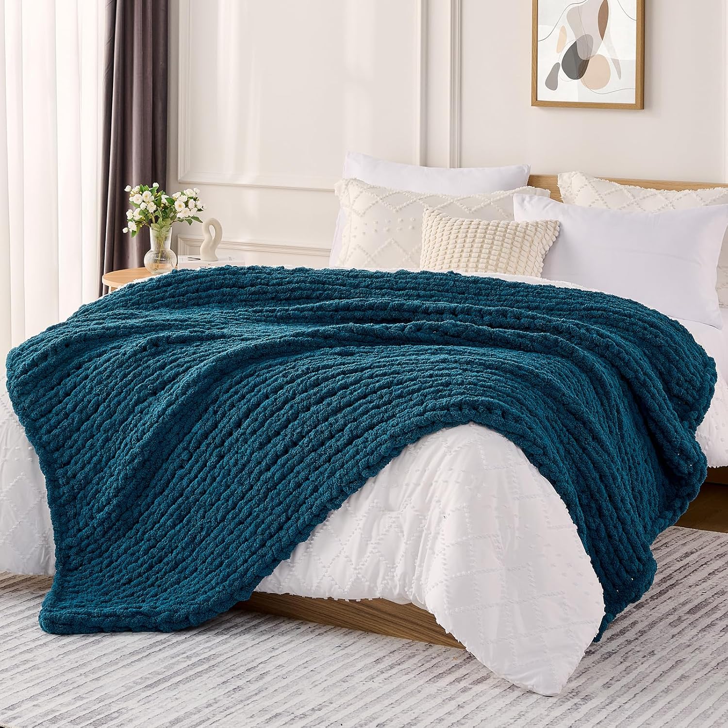 Knit Beige Throw Pillow — 50" — Blue