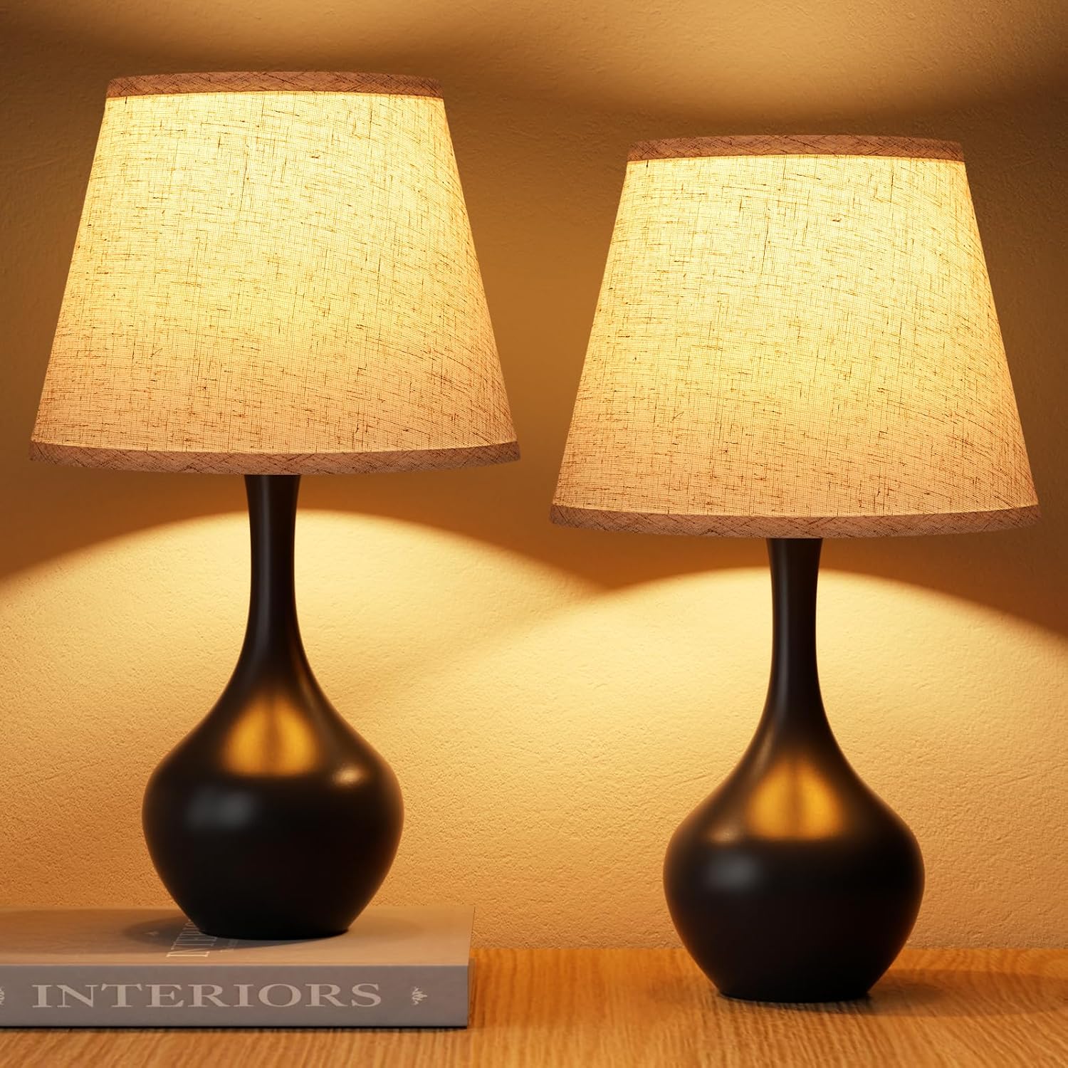Dimmable Beige Bedside Lamp — 16.1" — B. Beige Shade & Black Base Set 2