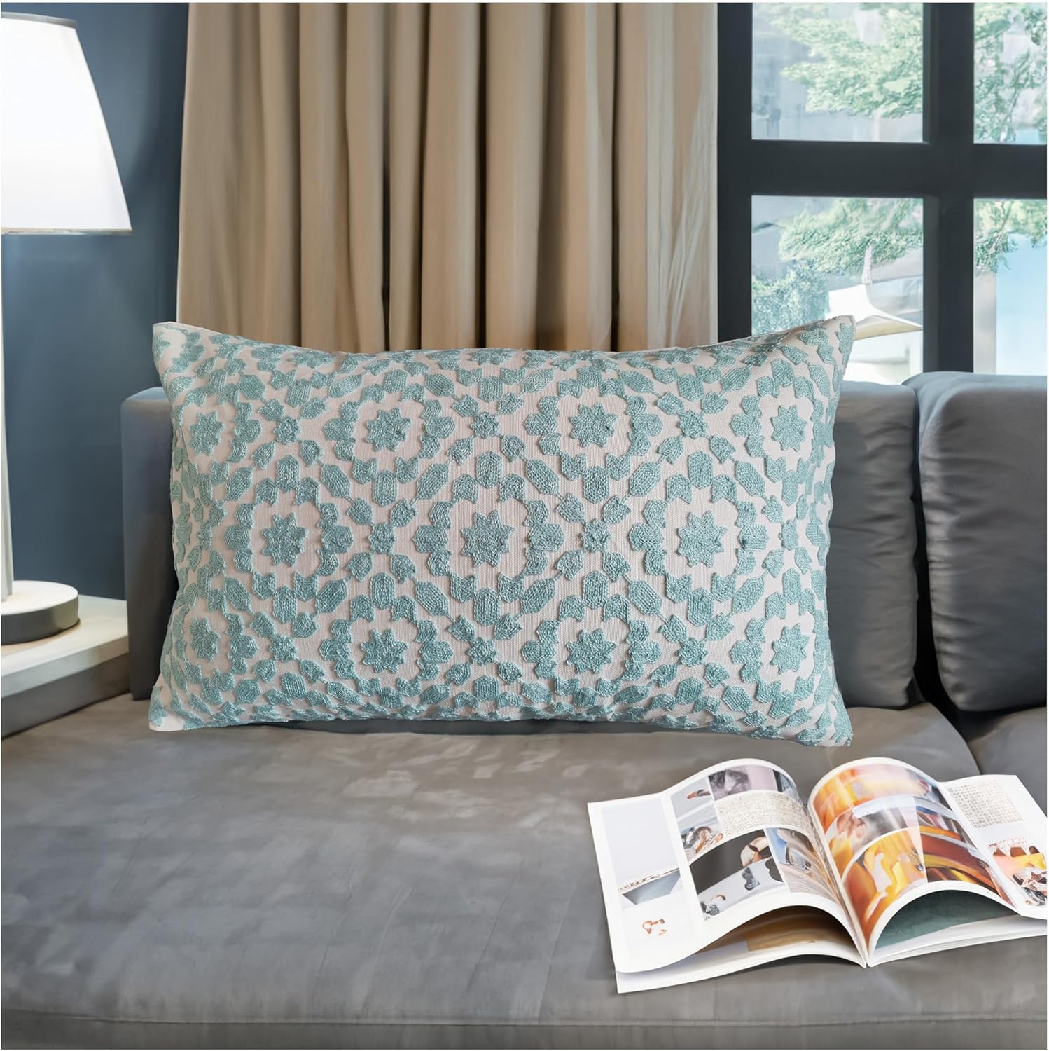 Embroidered Boho Beige Throw Pillow Cover — 20" — 20" x 12" (Pack of 1)