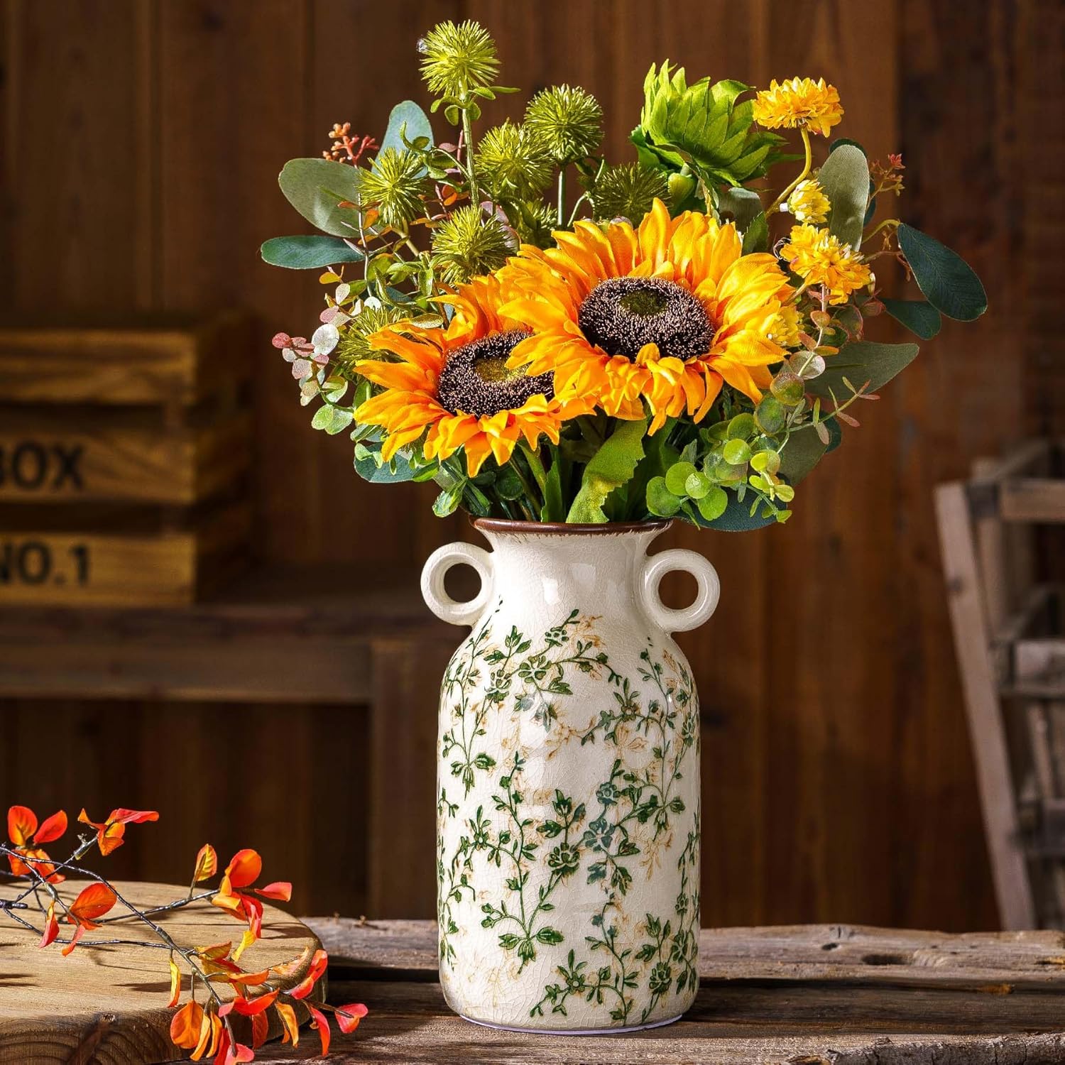 Vintage Farmhouse Beige Vase — 8" — 12-green and Beige