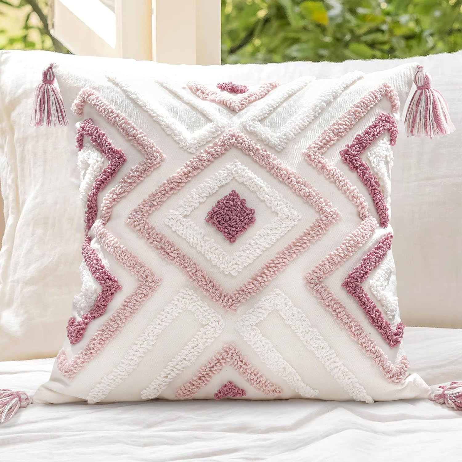 Tufted Boho Beige Throw Pillow Cover — 18" — Boho Multi-pink