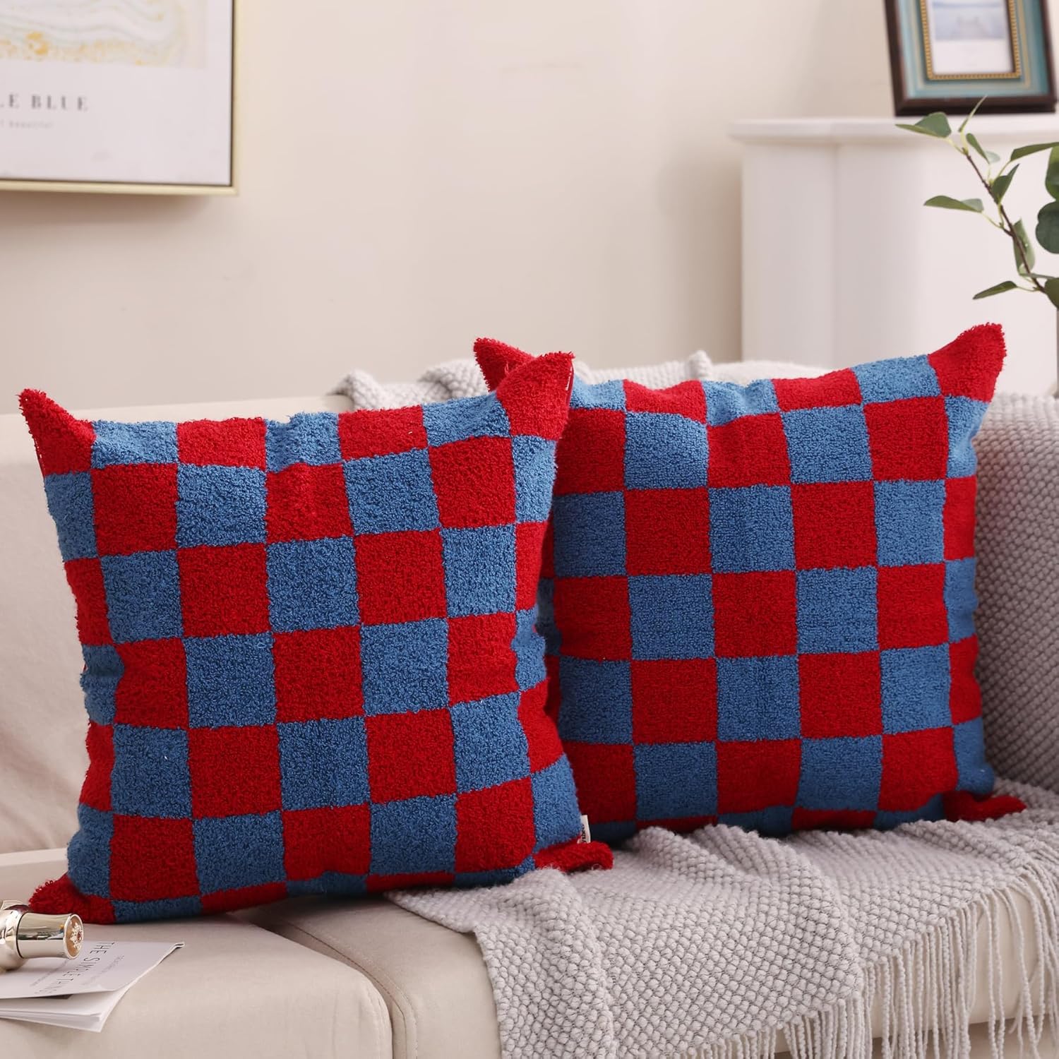 Tufted Boho Beige Throw Pillow Cover — 18" — - Red Blue