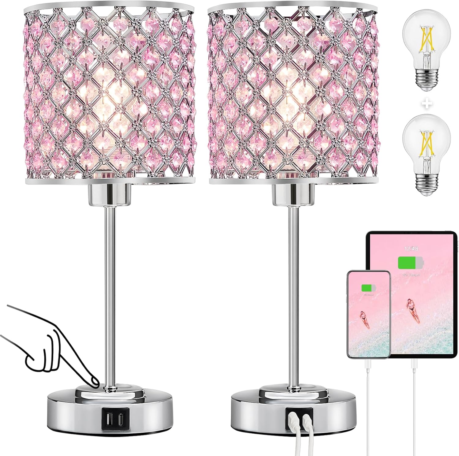 Dimmable Luxe Black Bedside Lamp — 14.75" — Pink 2 Pack