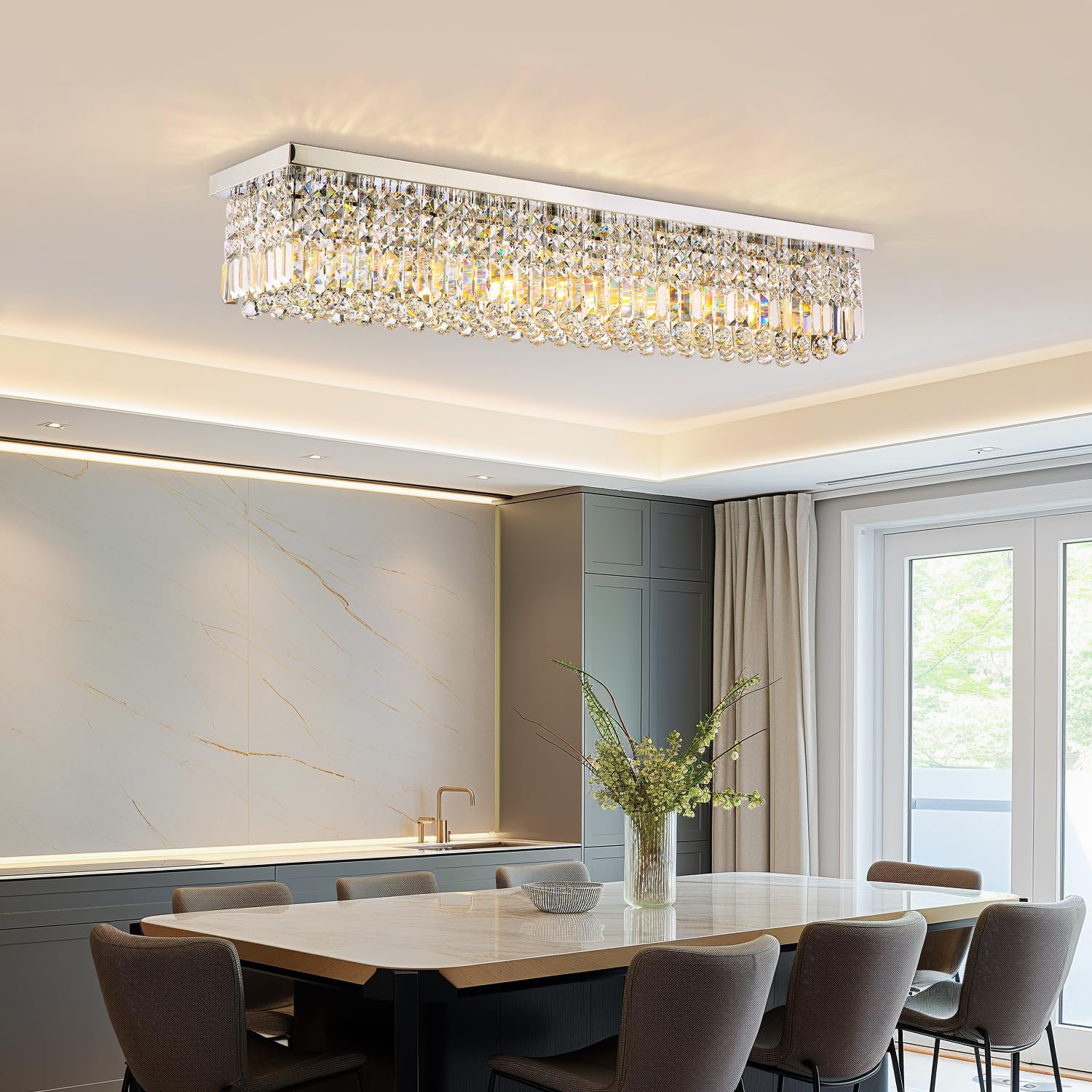 Rectangular Luxe Silver Chandelier — 6-Light — Chrome-ceiling