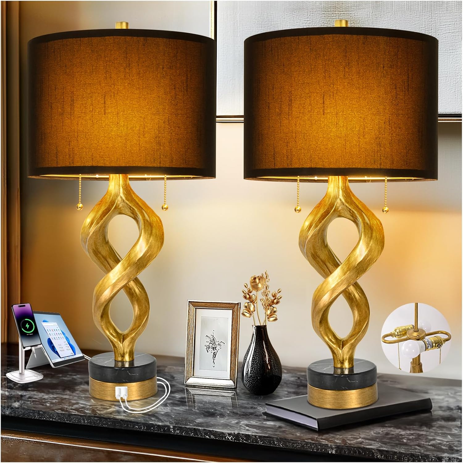 USB Luxe Stone Bedside Lamp — 26" — 26 inches Gold Leaf -032