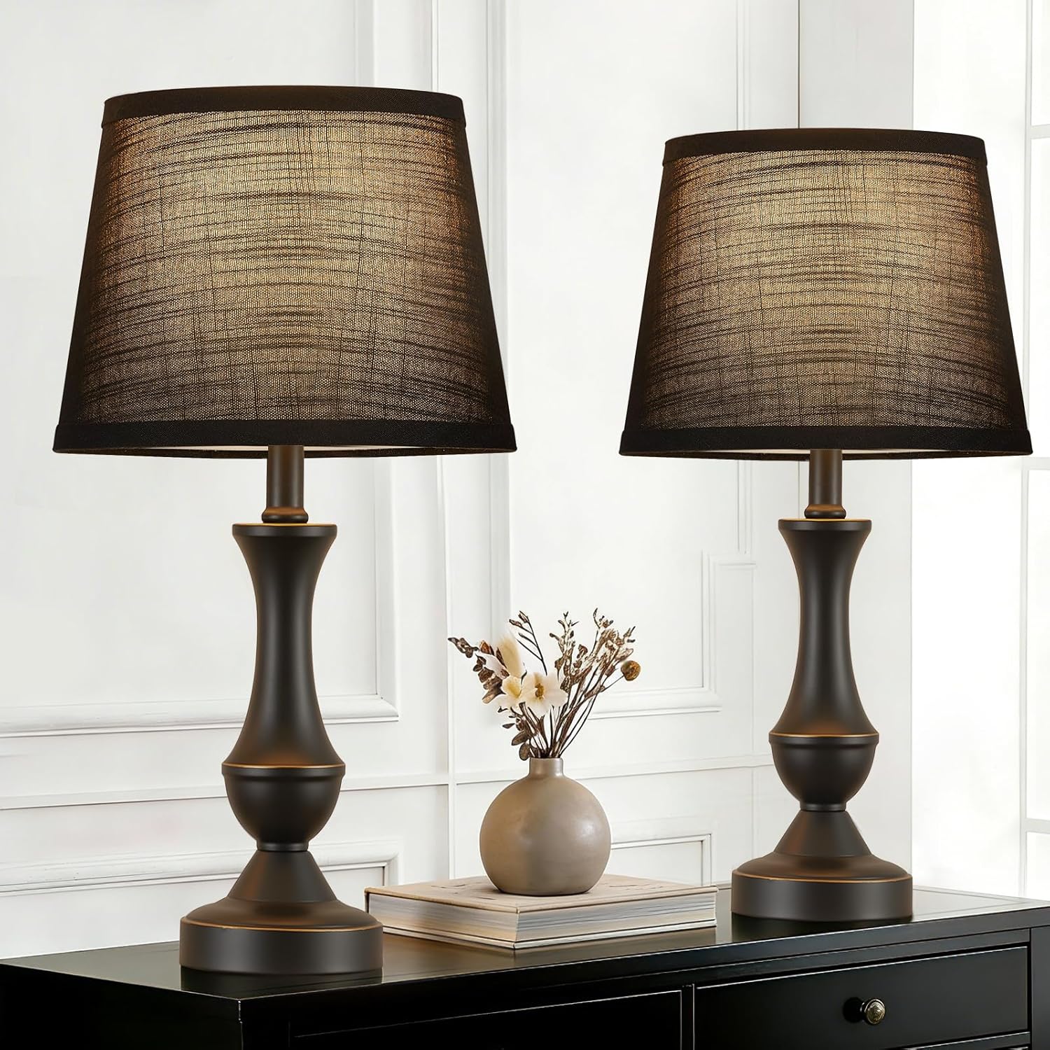 Dimmable Luxe Beige Bedside Lamp — 22" — Black Base+Black lampshade