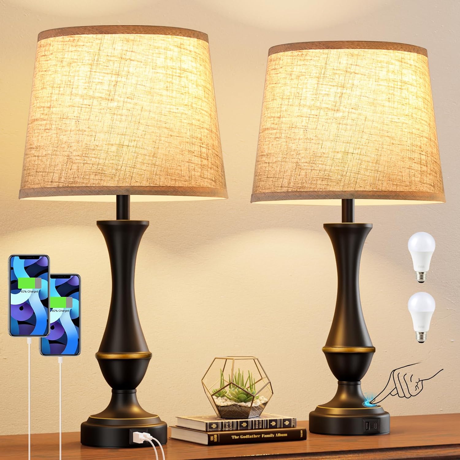 Dimmable Beige Bedside Lamp — Set of 2 — A. Beige Shade & Black Base