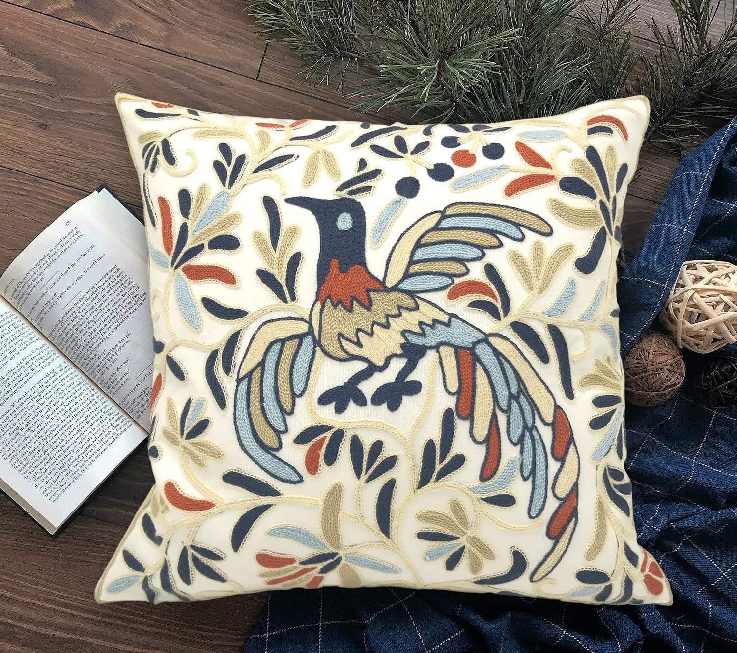 Embroidered Boho Blue Throw Pillow Cover — 18" - View 6