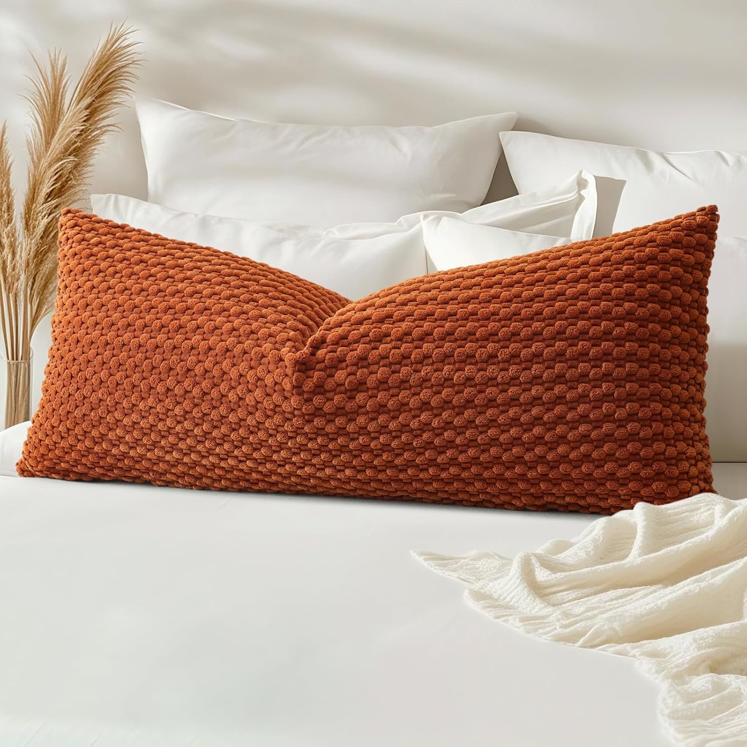 Lumbar Boho Beige Throw Pillow Cover — 24" — Rust
