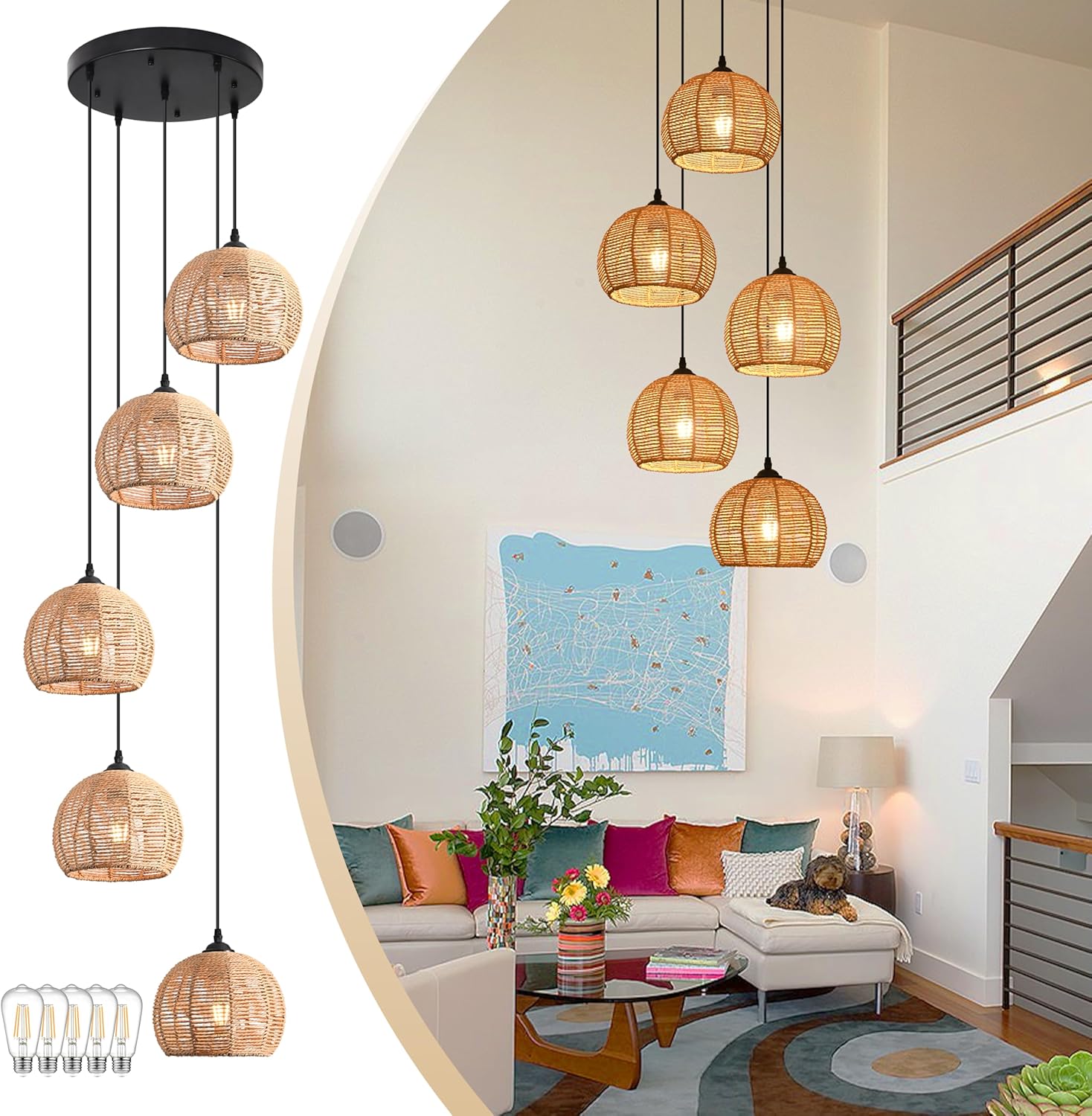 Boho Beige Chandelier — 12.2" — 14" Natural 5-Light